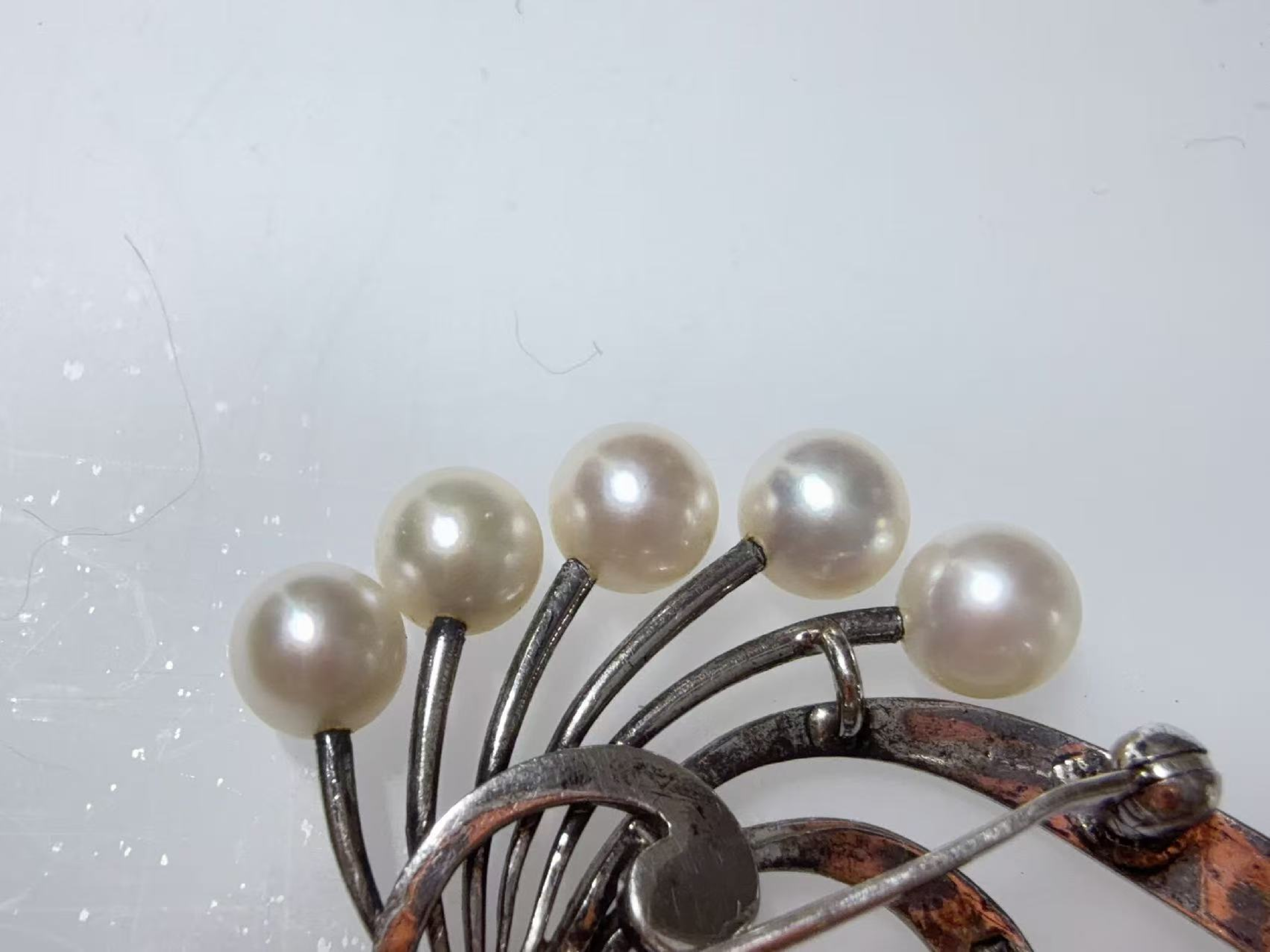 Sterling Silver and Five Pearl Foliate Spray Brooch