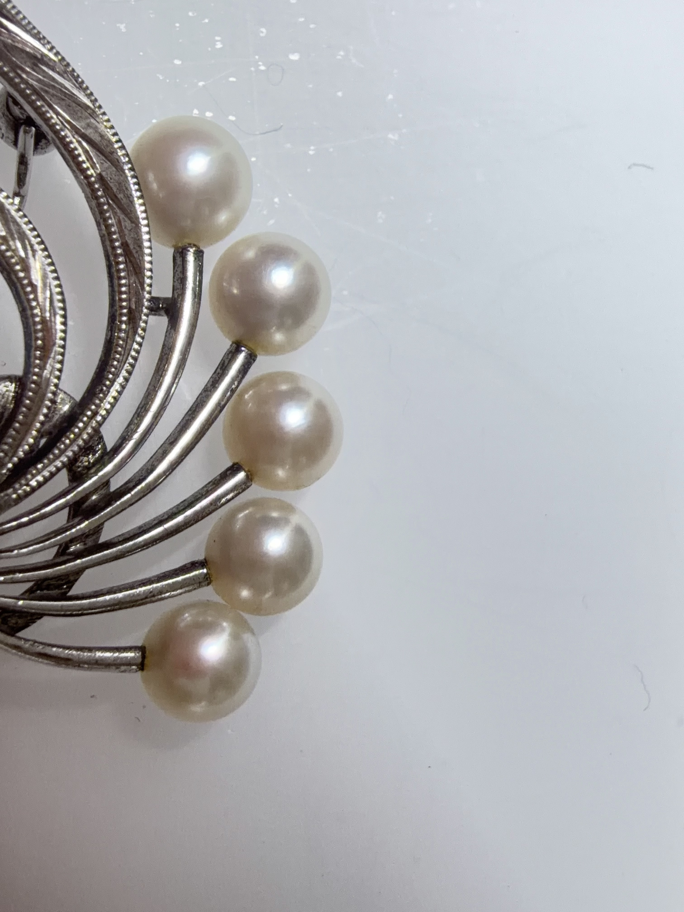 Sterling Silver and Five Pearl Foliate Spray Brooch