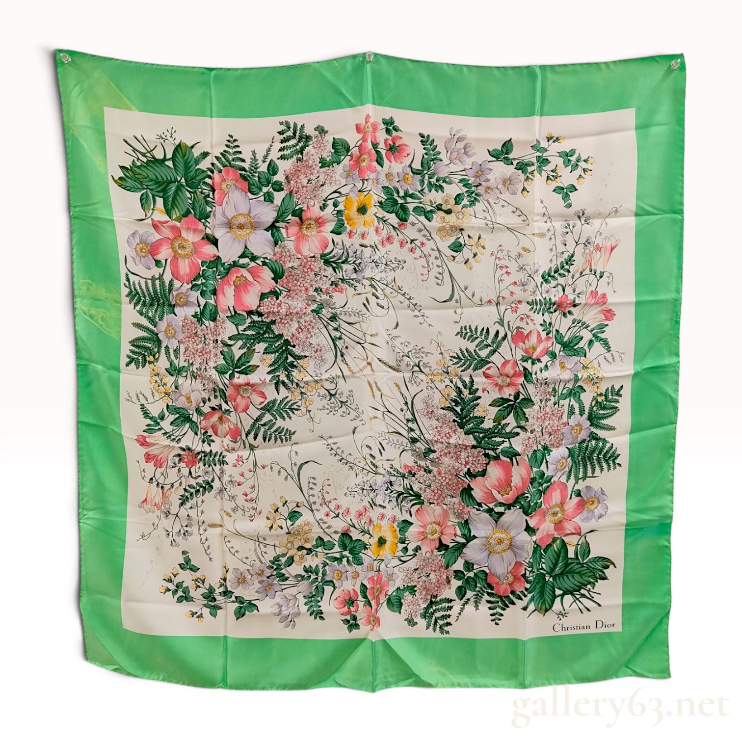 Christian Dior Vintage Floral Silk Scarf with Green Border