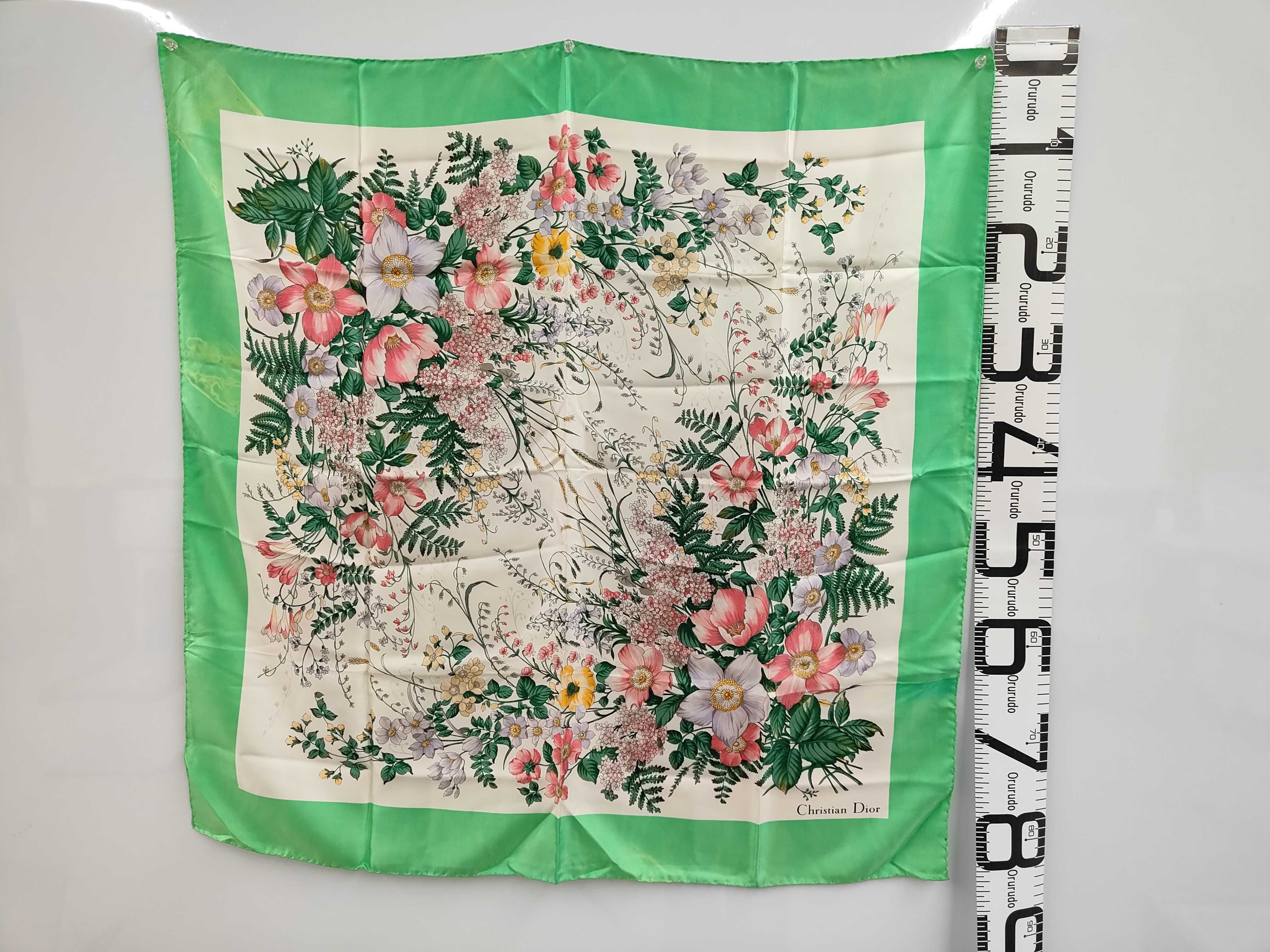 Christian Dior Vintage Floral Silk Scarf with Green Border