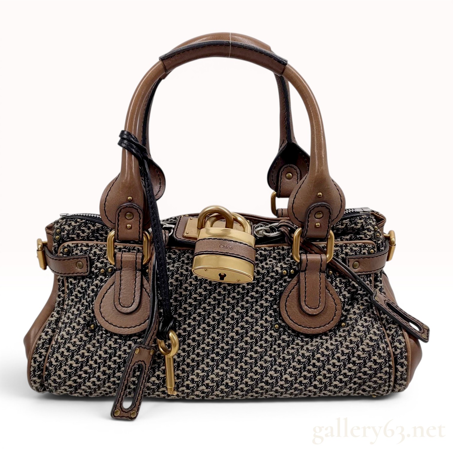 Chloe Paddington Houndstooth Fabric and Brown Leather Satchel