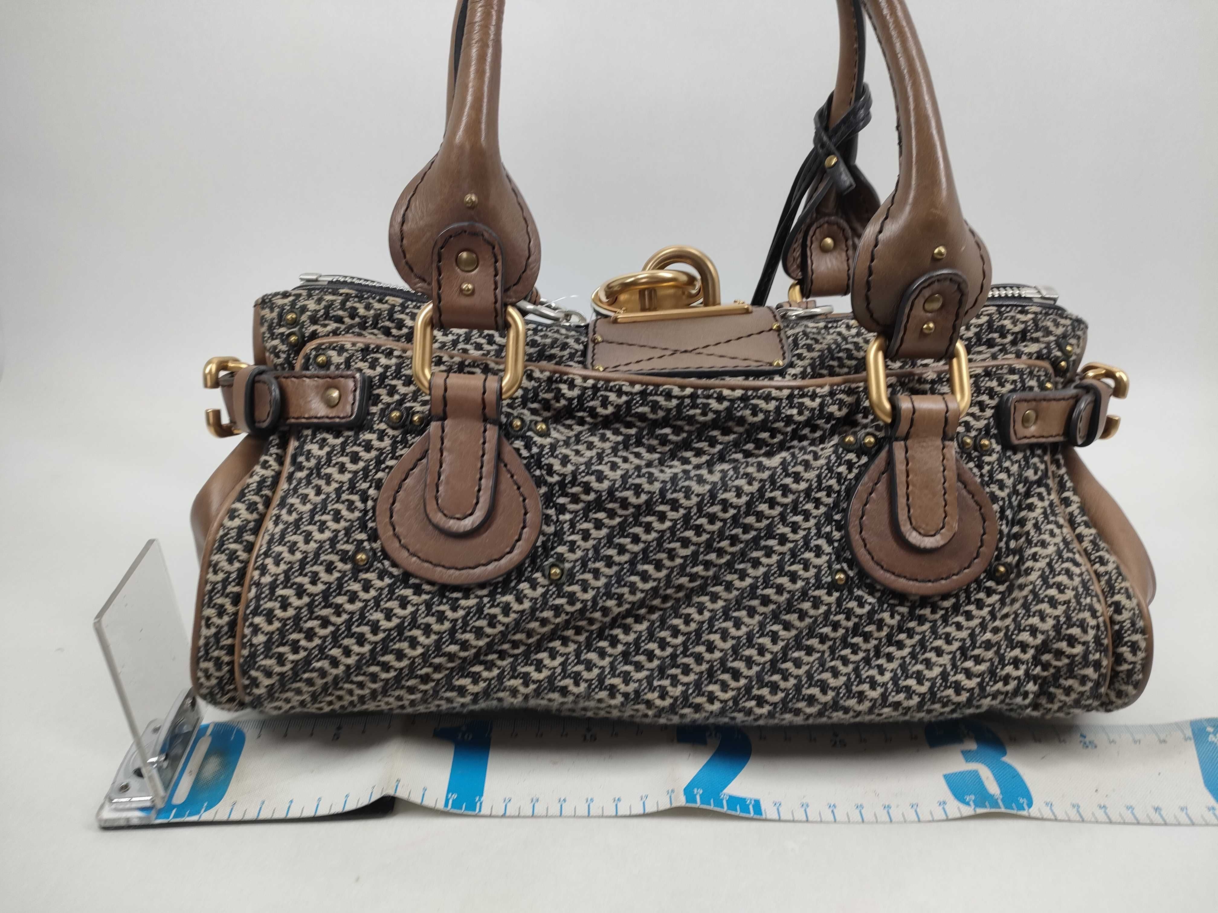 Chloe Paddington Houndstooth Fabric and Brown Leather Satchel