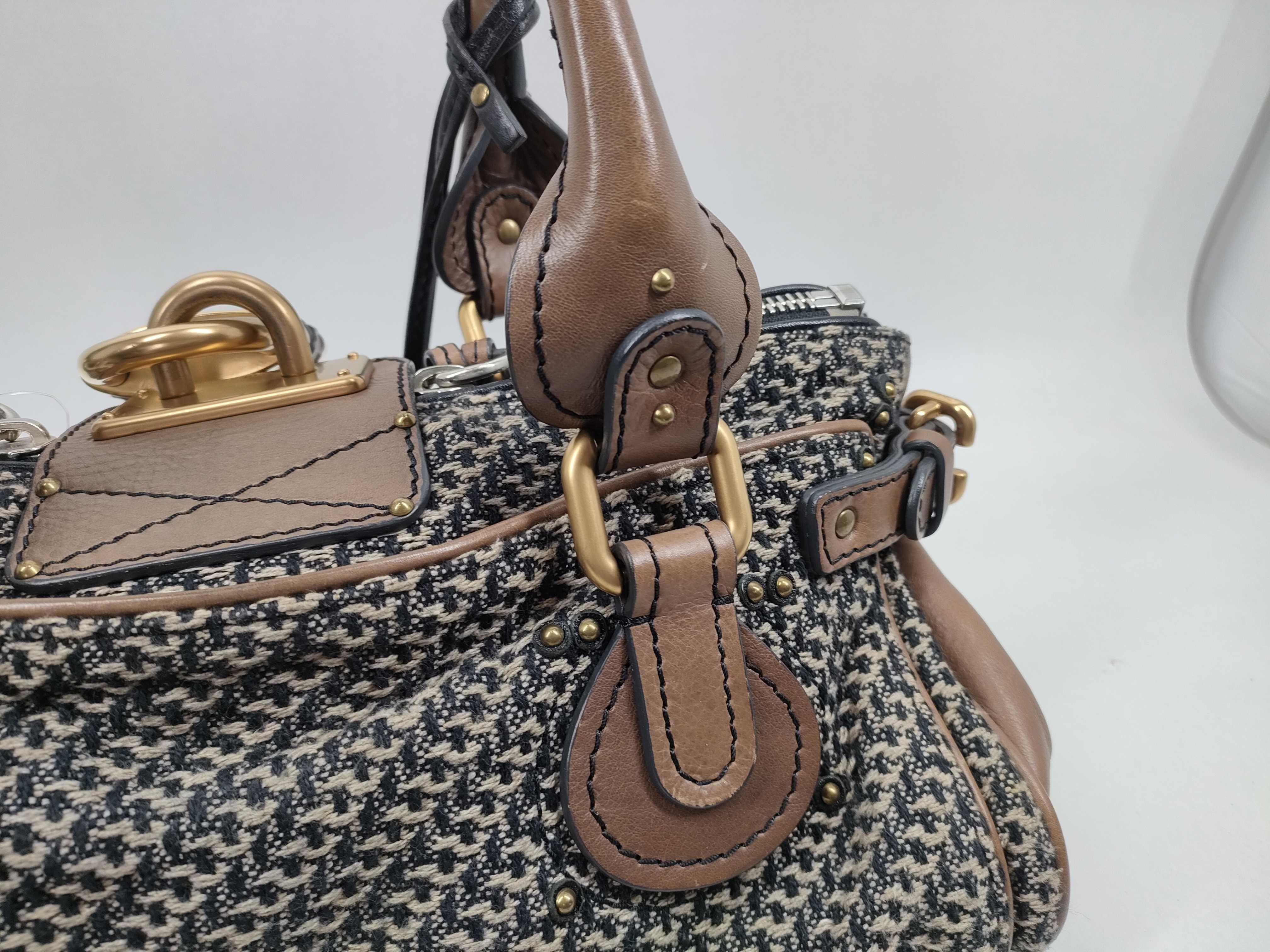 Chloe Paddington Houndstooth Fabric and Brown Leather Satchel