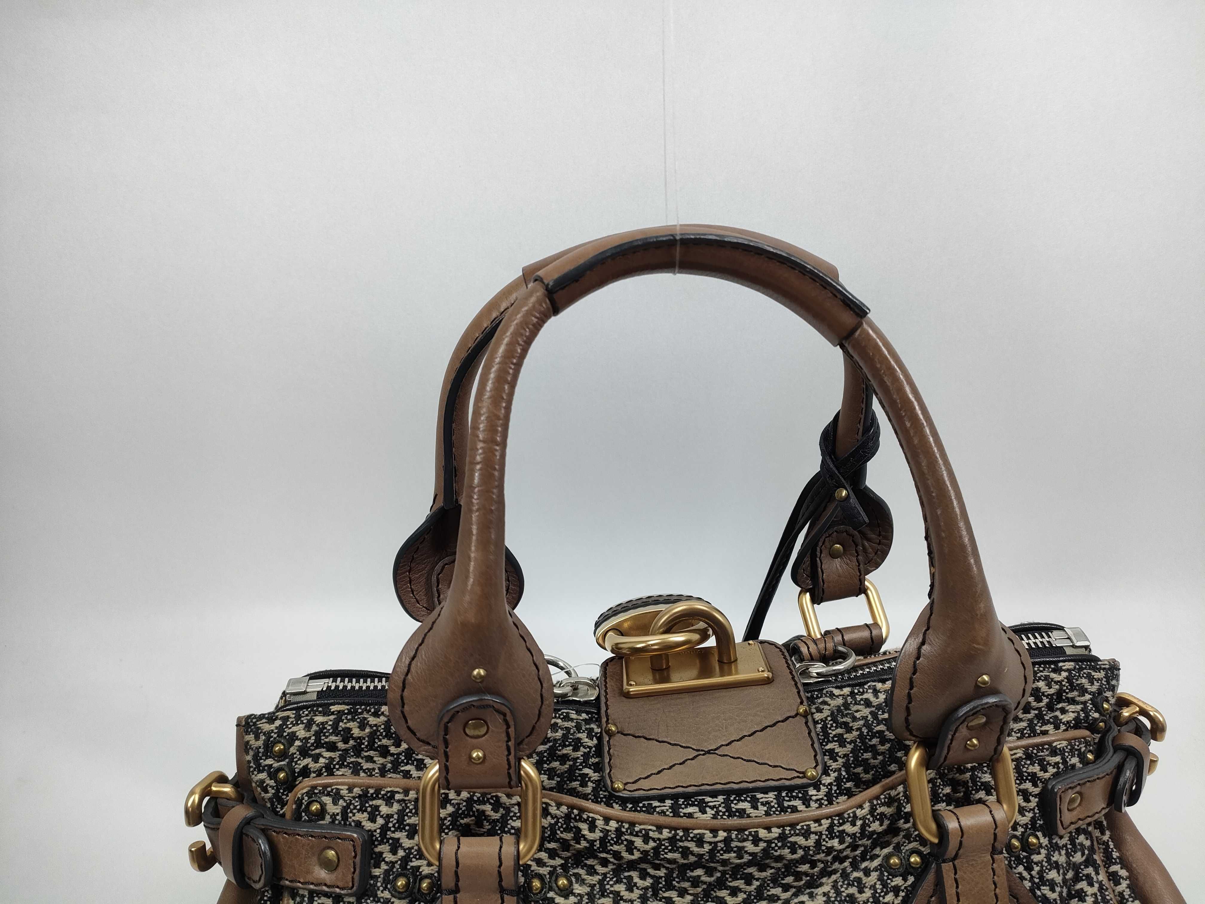 Chloe Paddington Houndstooth Fabric and Brown Leather Satchel