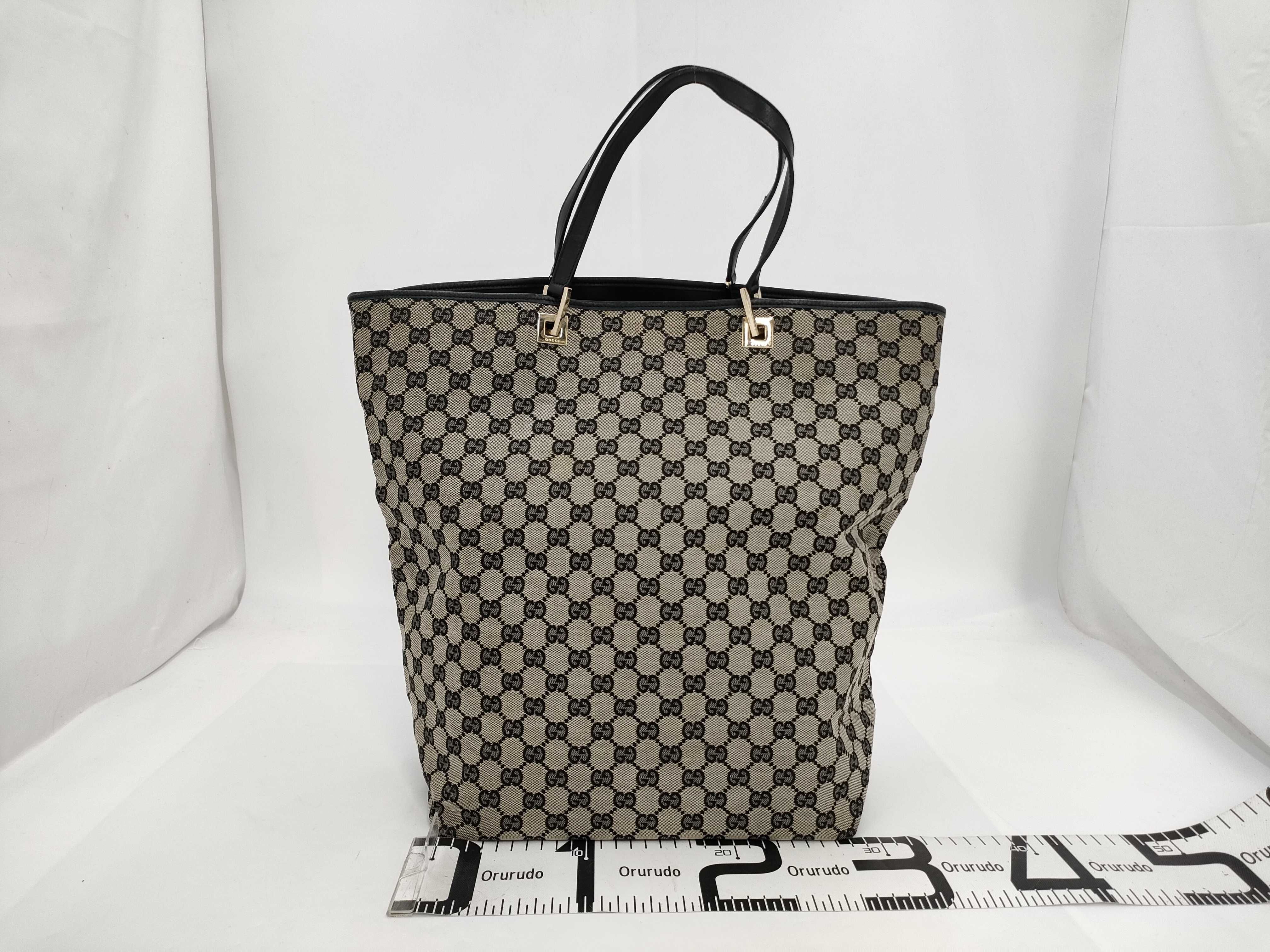 Gucci GG Monogram Canvas Tote Bag with Black Leather Trim