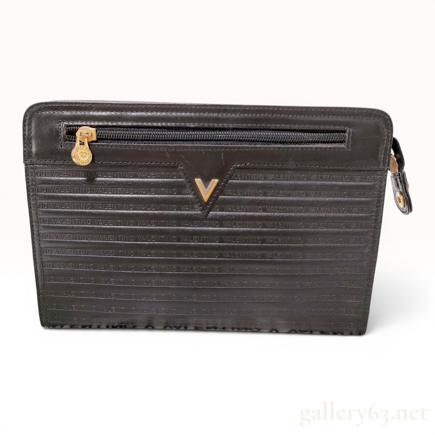 Mario Valentino Vintage Black Embossed Leather Portfolio Clutch Bag