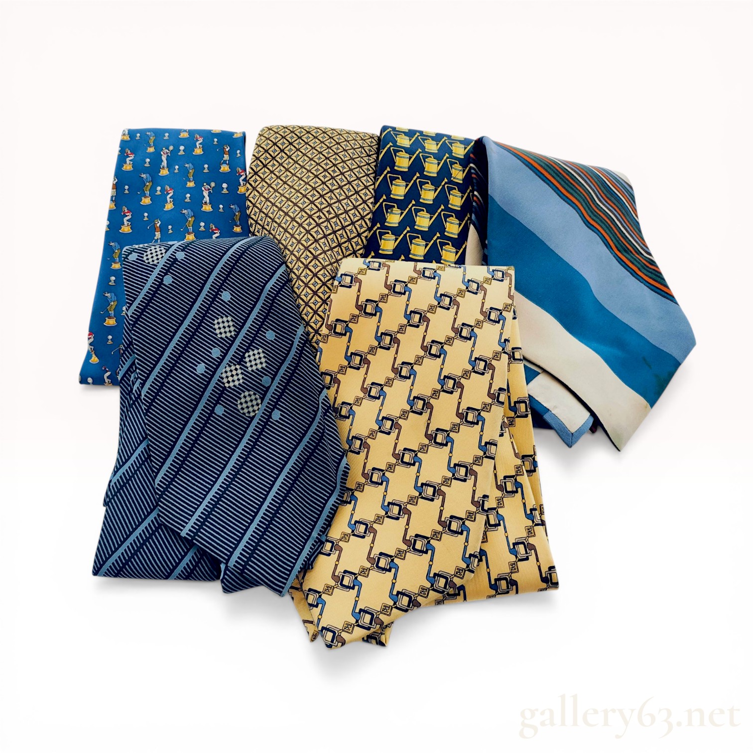 A Collection of Six Designer Silk Neckties Including Salvatore Ferragamo, Fendi, and Yves Saint Laurent