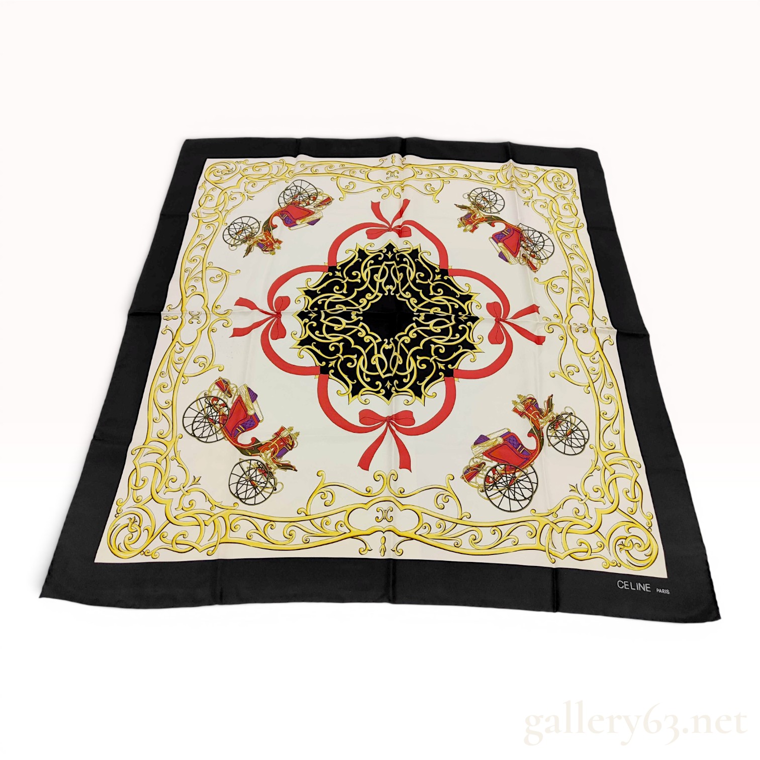 Celine Paris Vintage Silk Scarf with Equestrian Carriage Motif