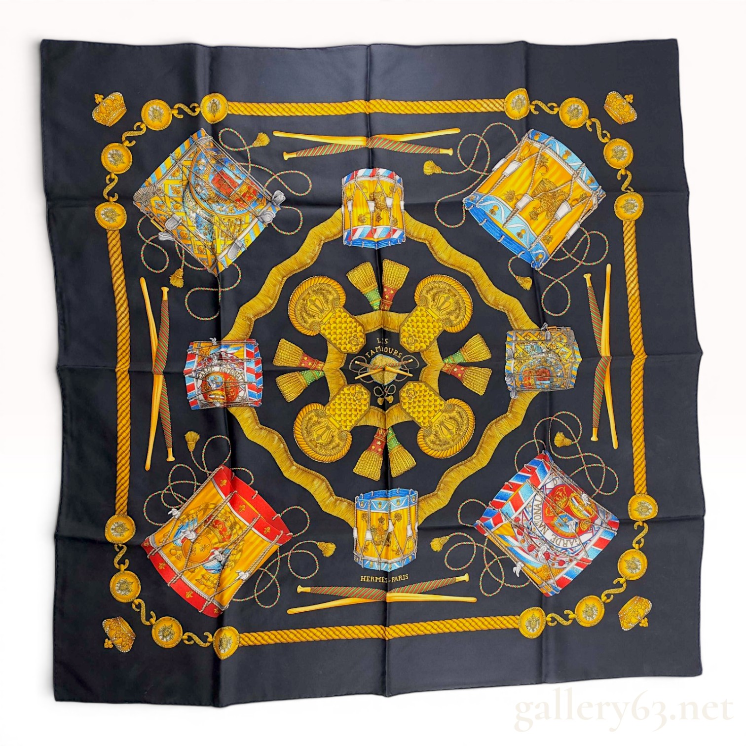 Hermes Silk Twill Scarf in Les Tambours Pattern
