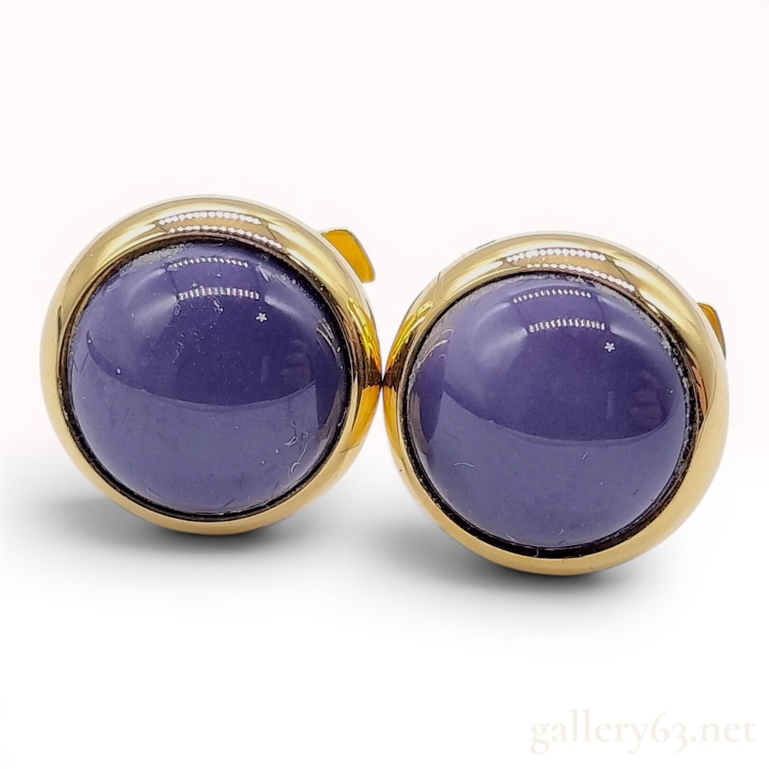 A Pair of Hermes Gold-Toned and Purple Cabochon Stud Earrings with Box