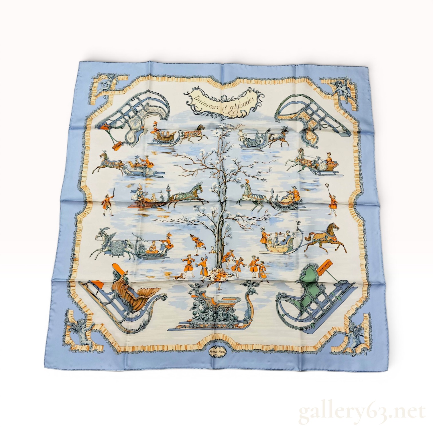 Hermes Traineaux et Glissades Silk Scarf Designed by Francoise de la Perriere