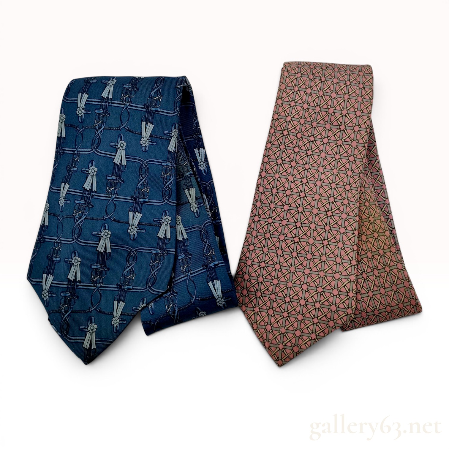 Two Hermes Silk Neckties with Equestrian and Geometric Patterns