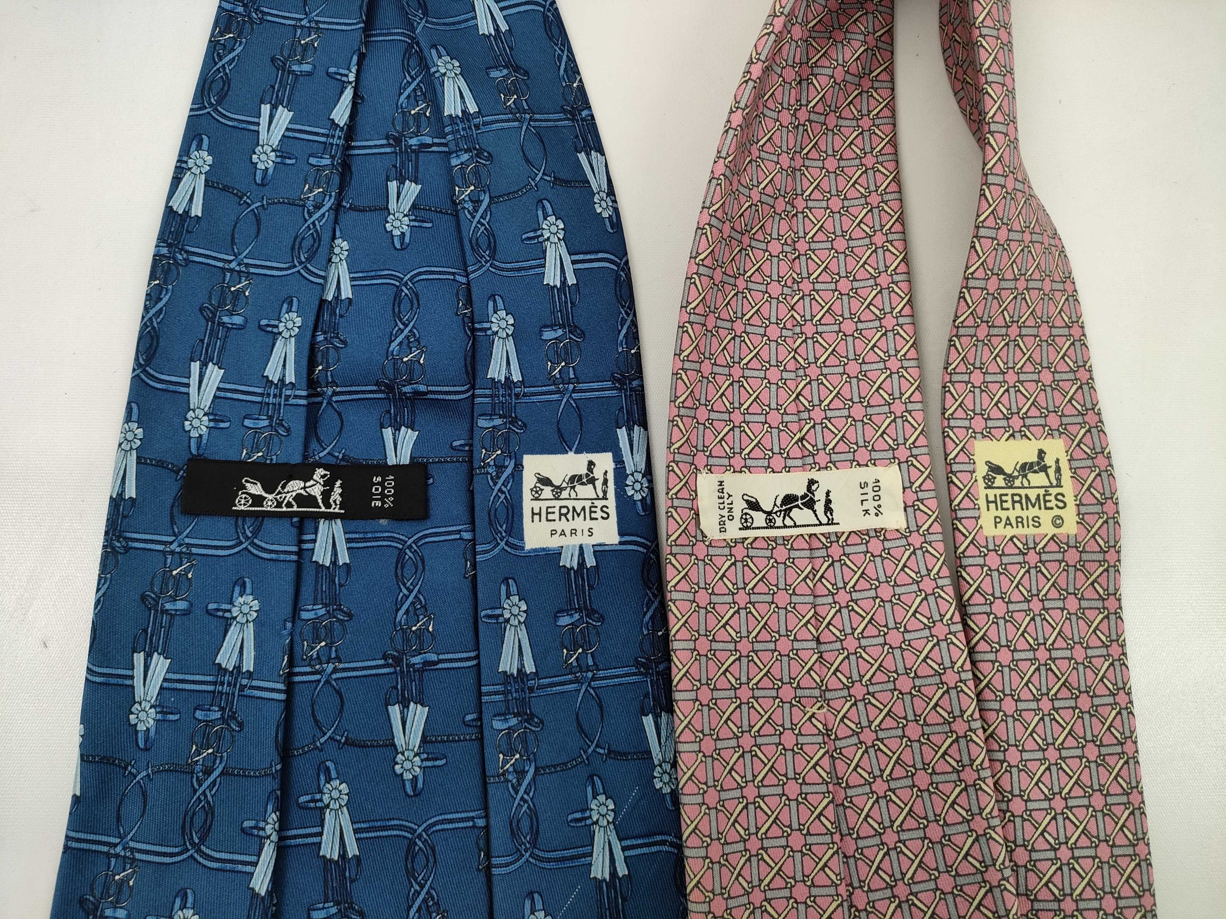 Two Hermes Silk Neckties with Equestrian and Geometric Patterns