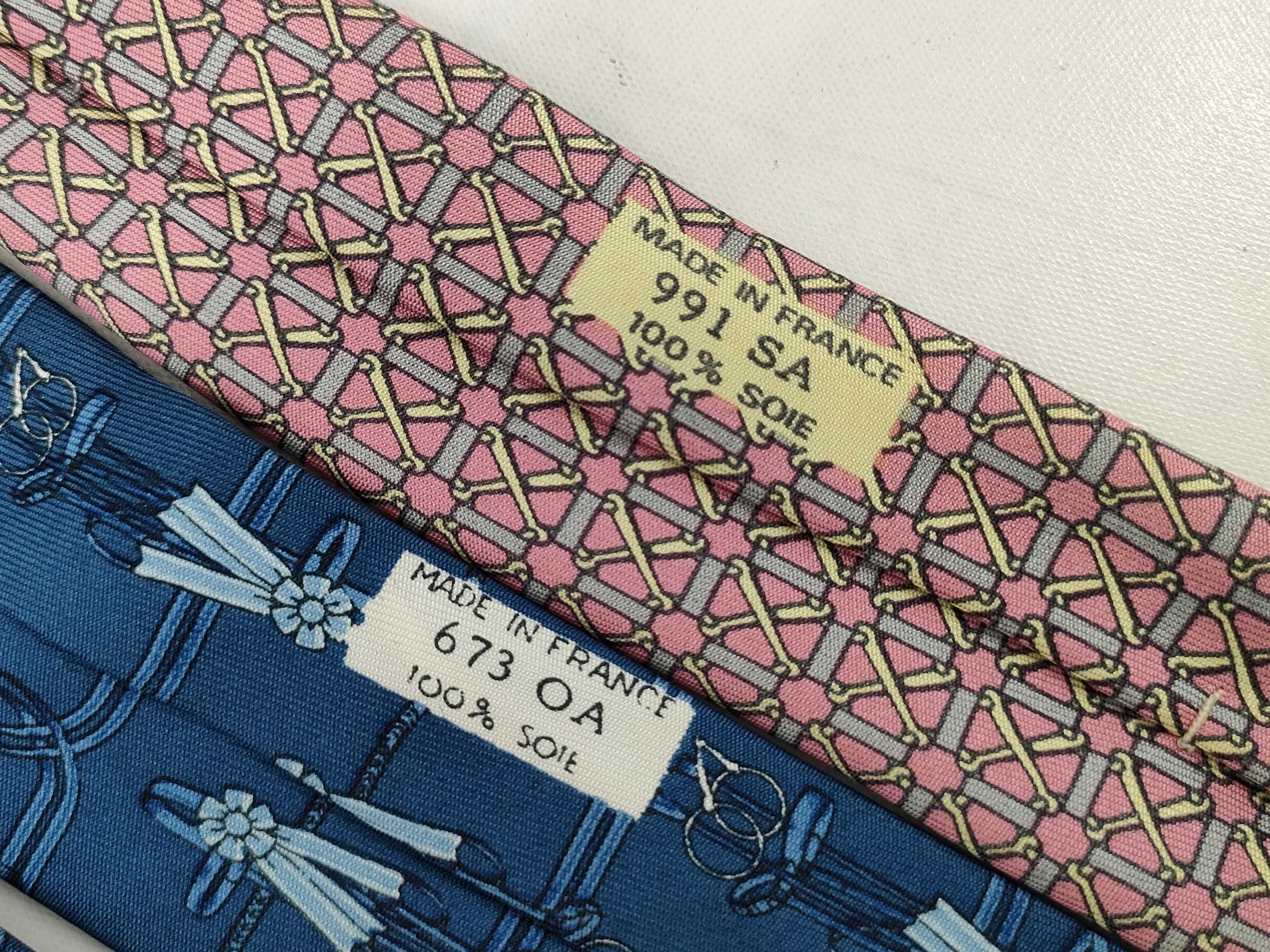 Two Hermes Silk Neckties with Equestrian and Geometric Patterns