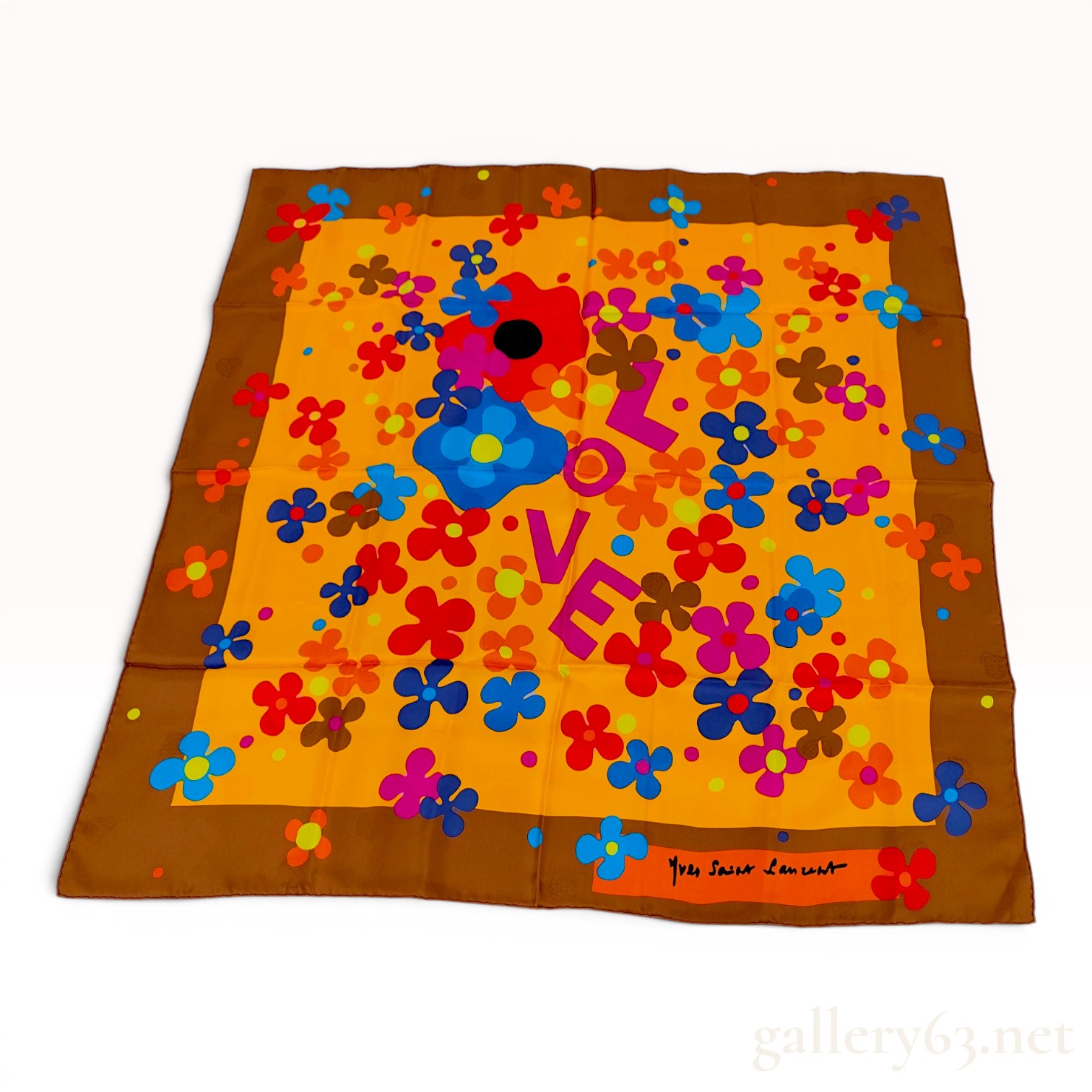 Yves Saint Laurent Vintage Silk Square Scarf with Pop Art Floral and LOVE Motif