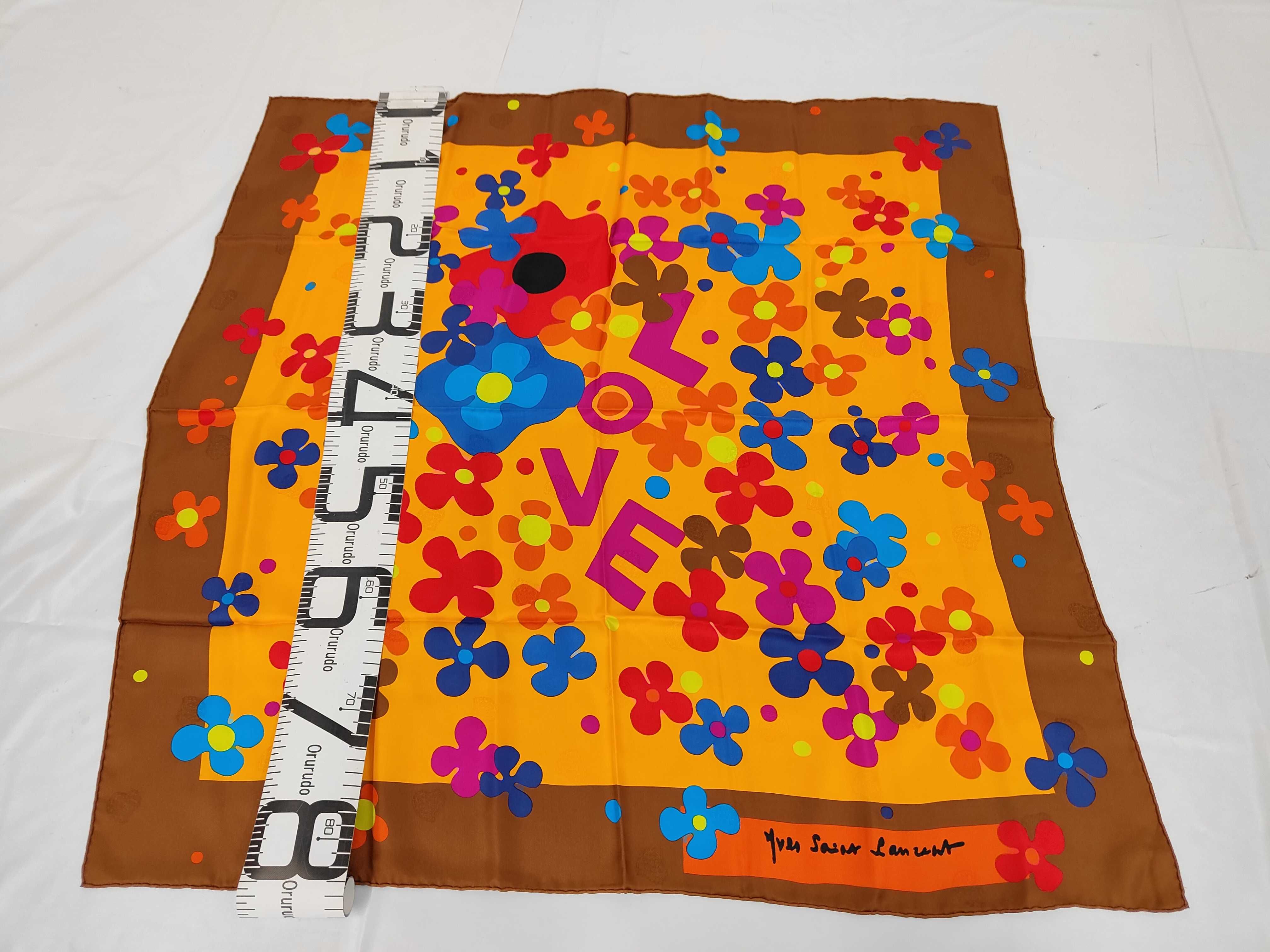 Yves Saint Laurent Vintage Silk Square Scarf with Pop Art Floral and LOVE Motif