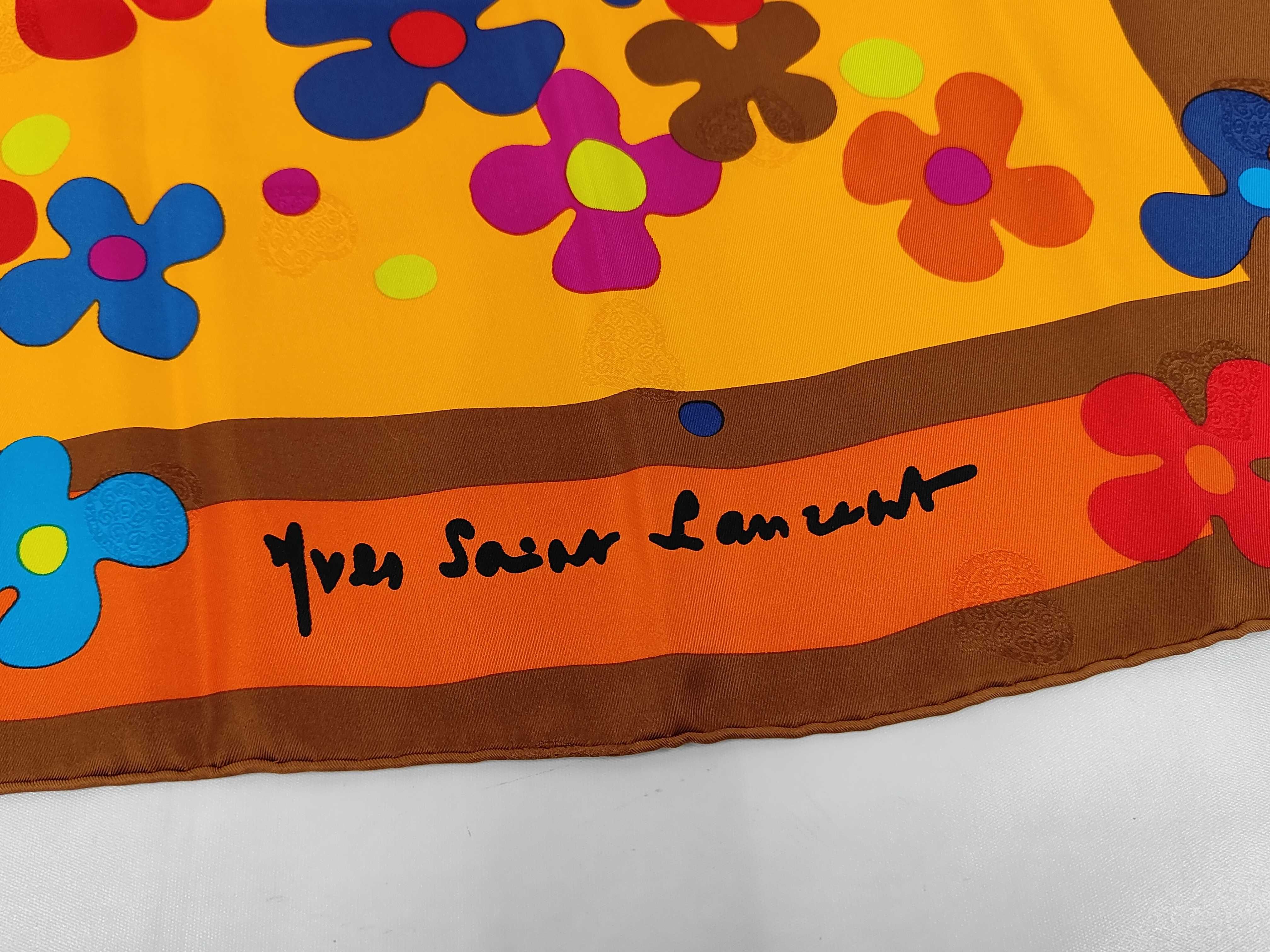 Yves Saint Laurent Vintage Silk Square Scarf with Pop Art Floral and LOVE Motif