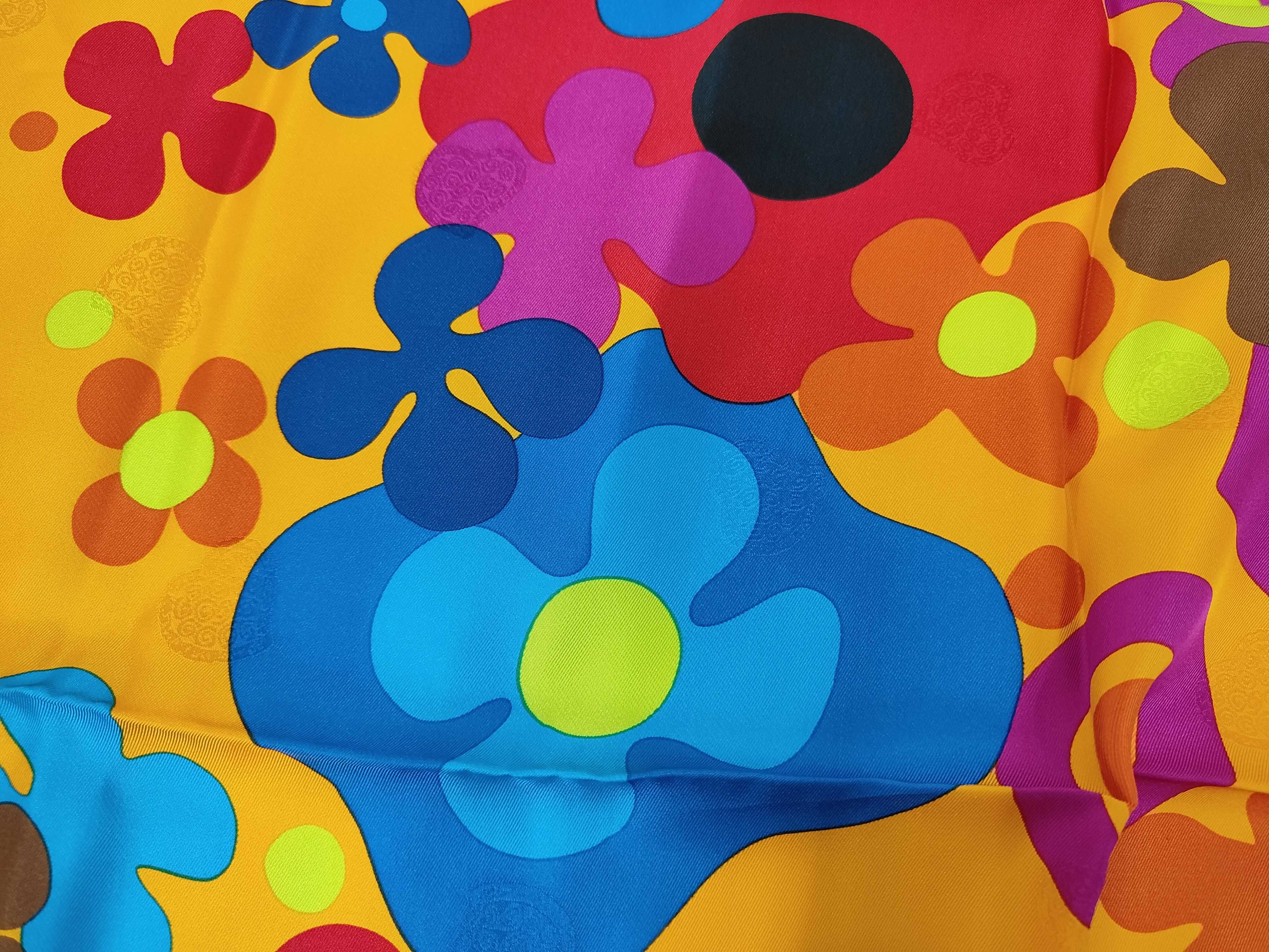Yves Saint Laurent Vintage Silk Square Scarf with Pop Art Floral and LOVE Motif