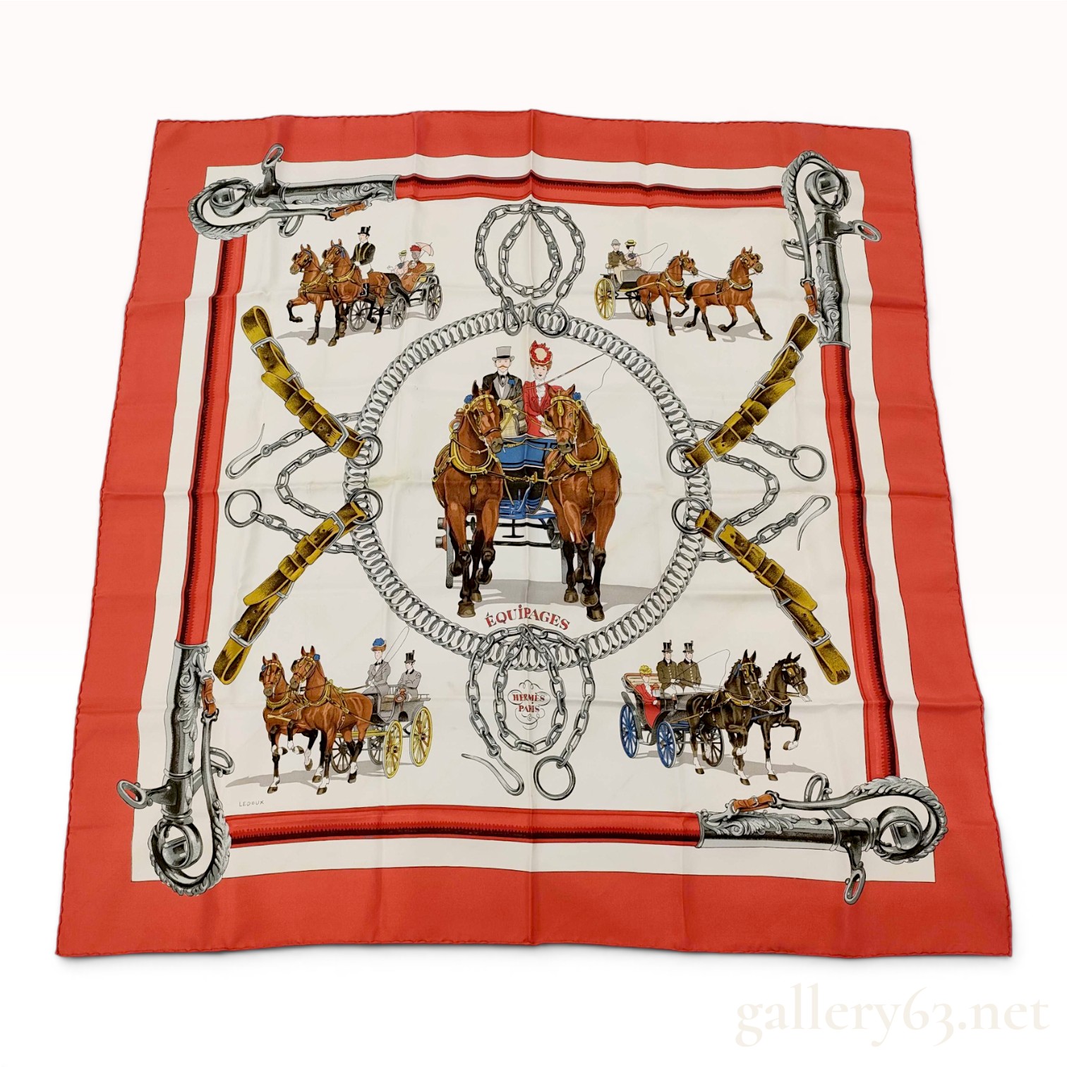 Hermes Silk Carre Scarf in Equipages Pattern by Philippe Ledoux