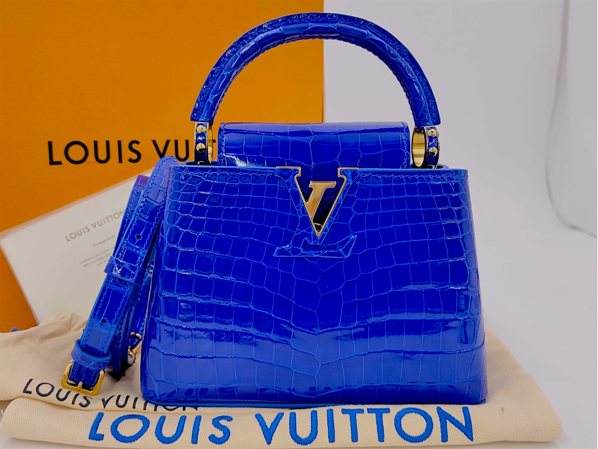 Louis Vuitton Capucines Mini Handbag in Electric Blue Shiny Crocodilian Leather with Box