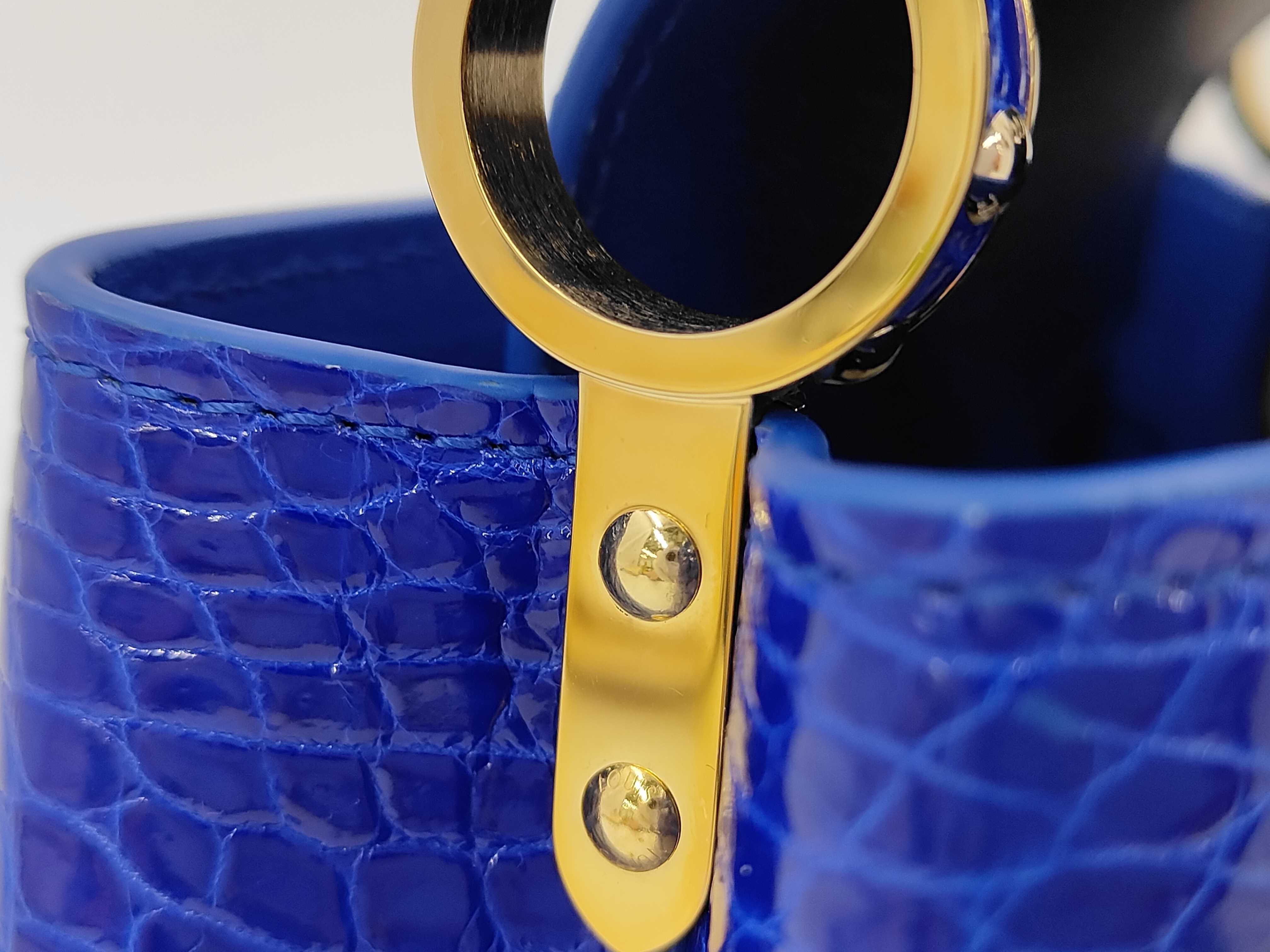 Louis Vuitton Capucines Mini Handbag in Electric Blue Shiny Crocodilian Leather with Box