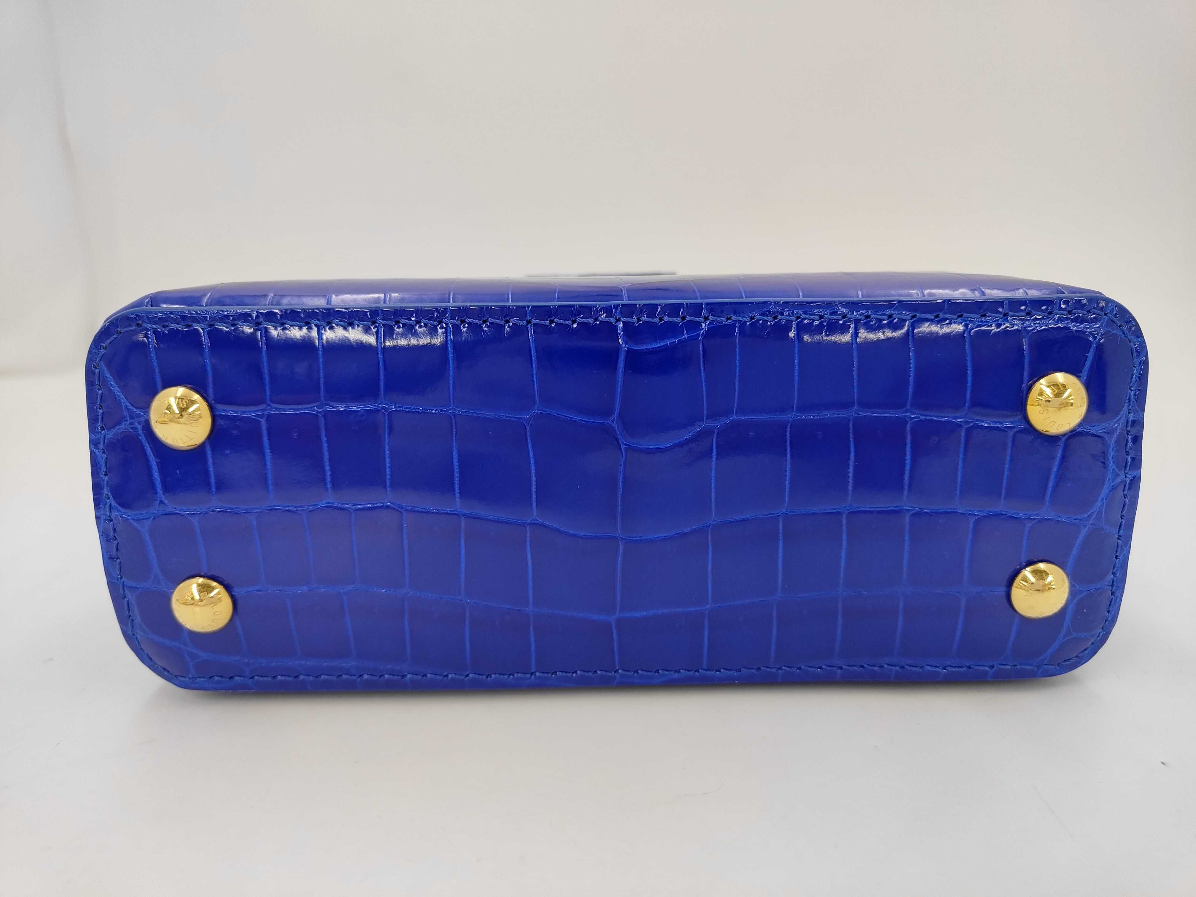 Louis Vuitton Capucines Mini Handbag in Electric Blue Shiny Crocodilian Leather with Box