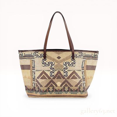 Southwestern Geometric Pattern Coated Canvas Tote Bag with Leather Trim. Southwestern style 