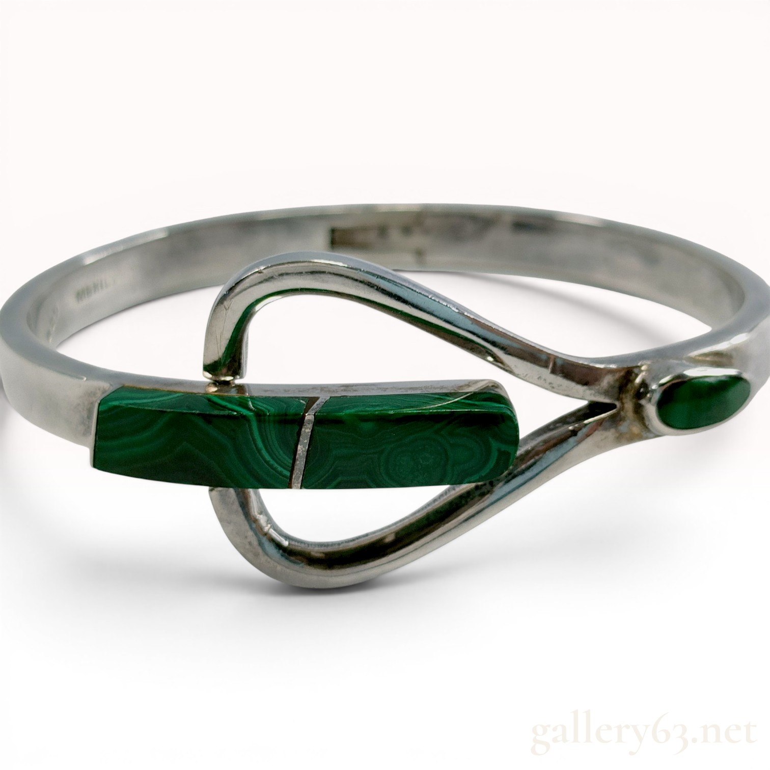 Taxco Modernist Sterling Silver and Malachite Hinged Bangle Bracelet