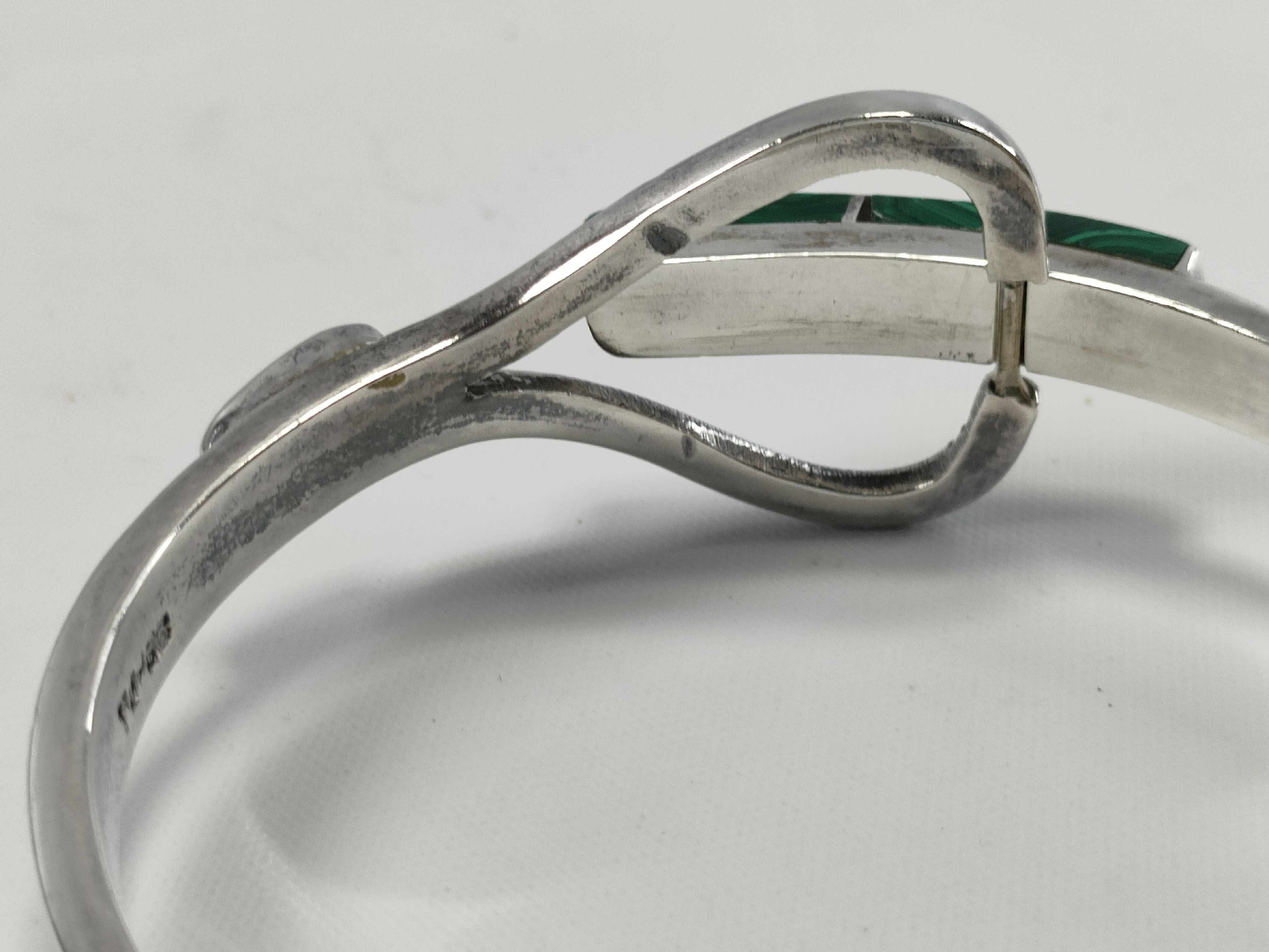 Taxco Modernist Sterling Silver and Malachite Hinged Bangle Bracelet