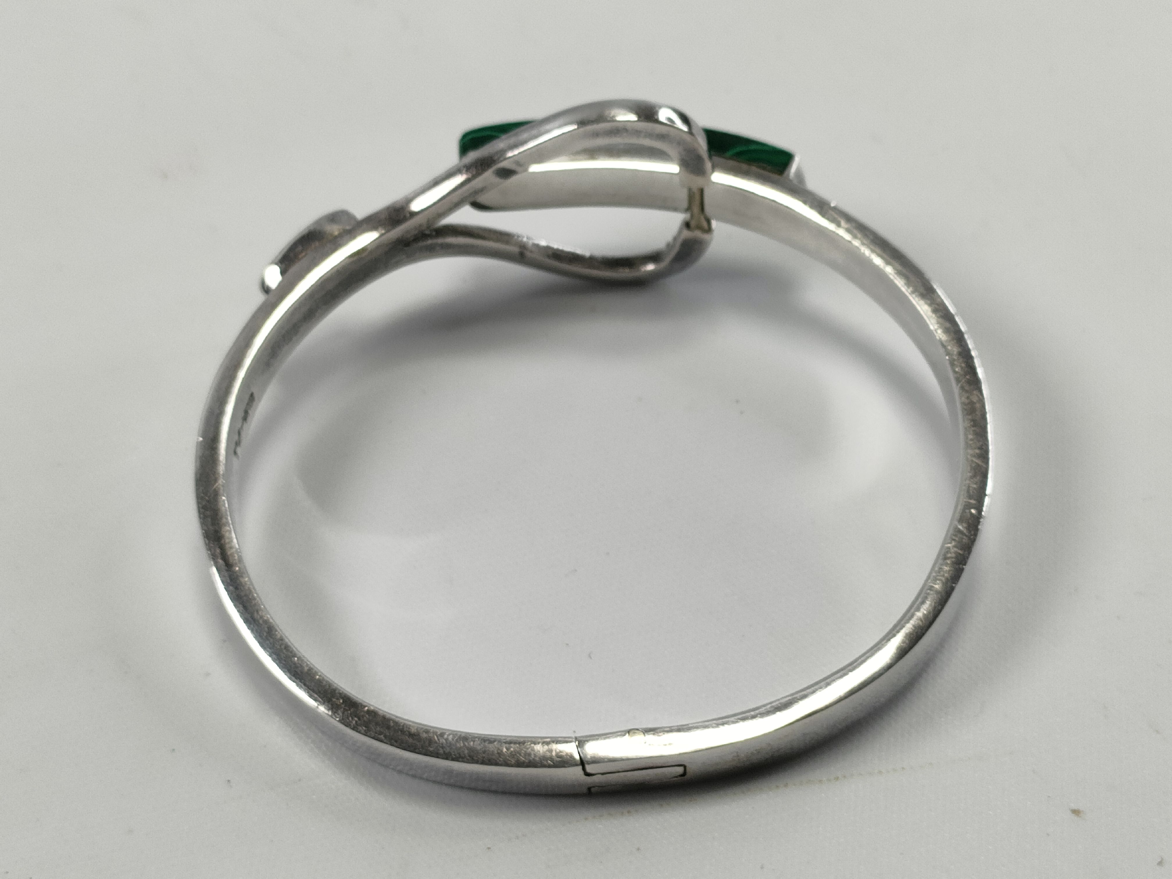 Taxco Modernist Sterling Silver and Malachite Hinged Bangle Bracelet