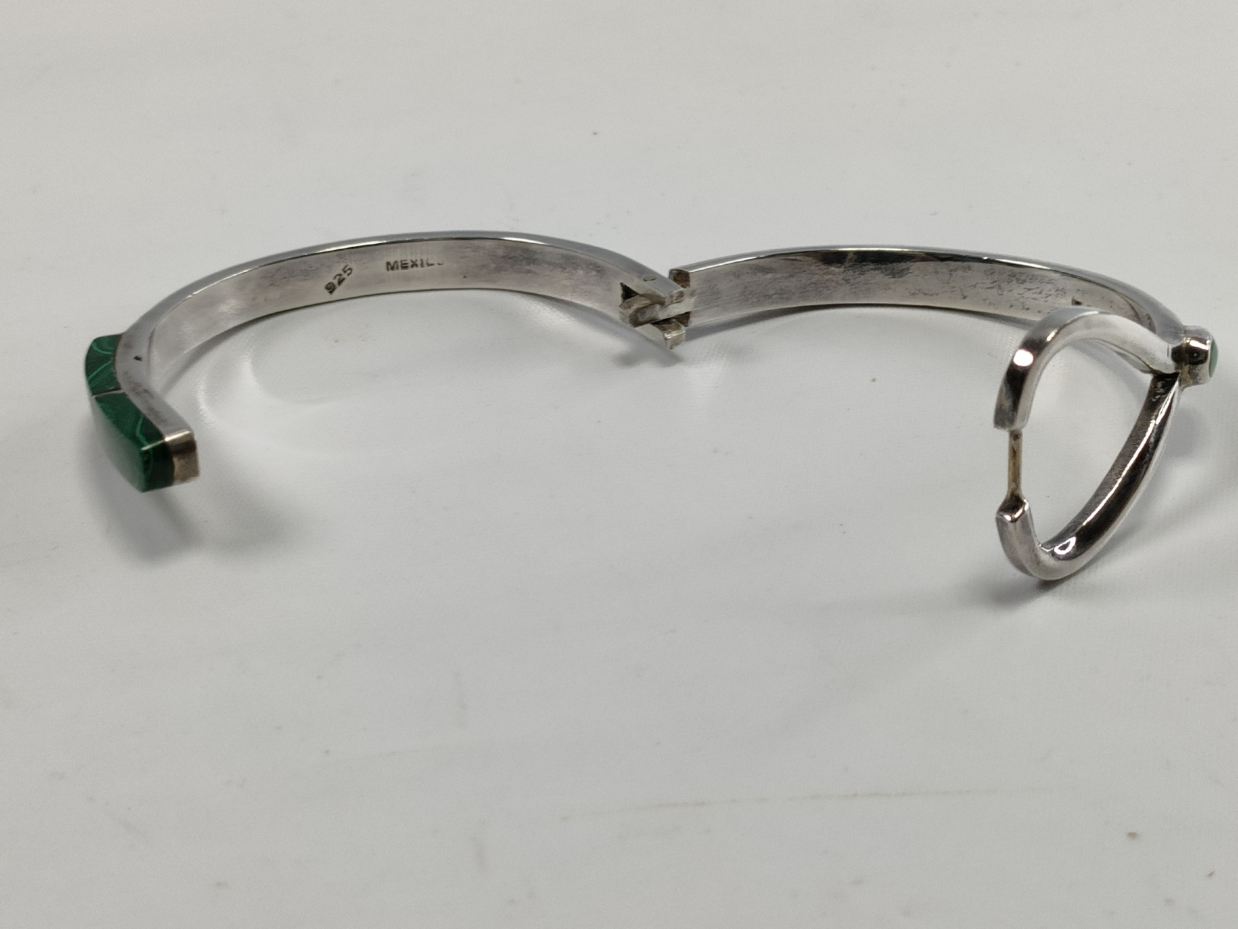 Taxco Modernist Sterling Silver and Malachite Hinged Bangle Bracelet