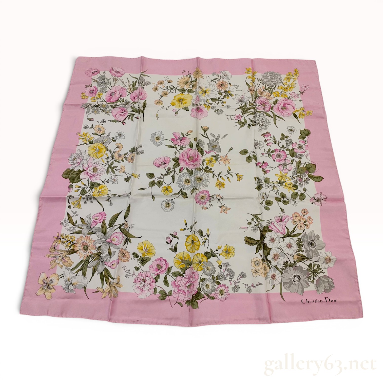 Christian Dior Vintage Floral Silk Scarf with Pink Border