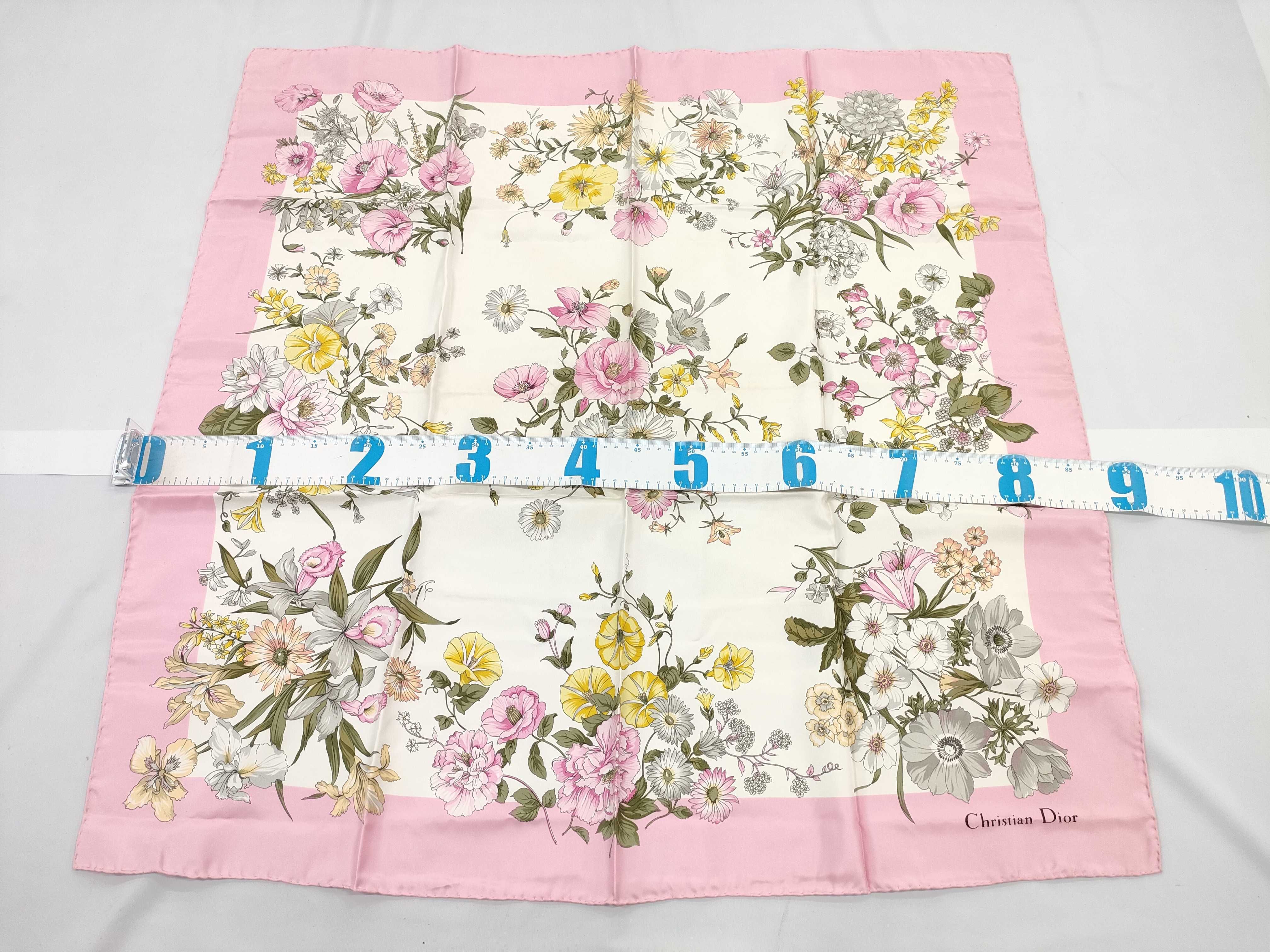 Christian Dior Vintage Floral Silk Scarf with Pink Border