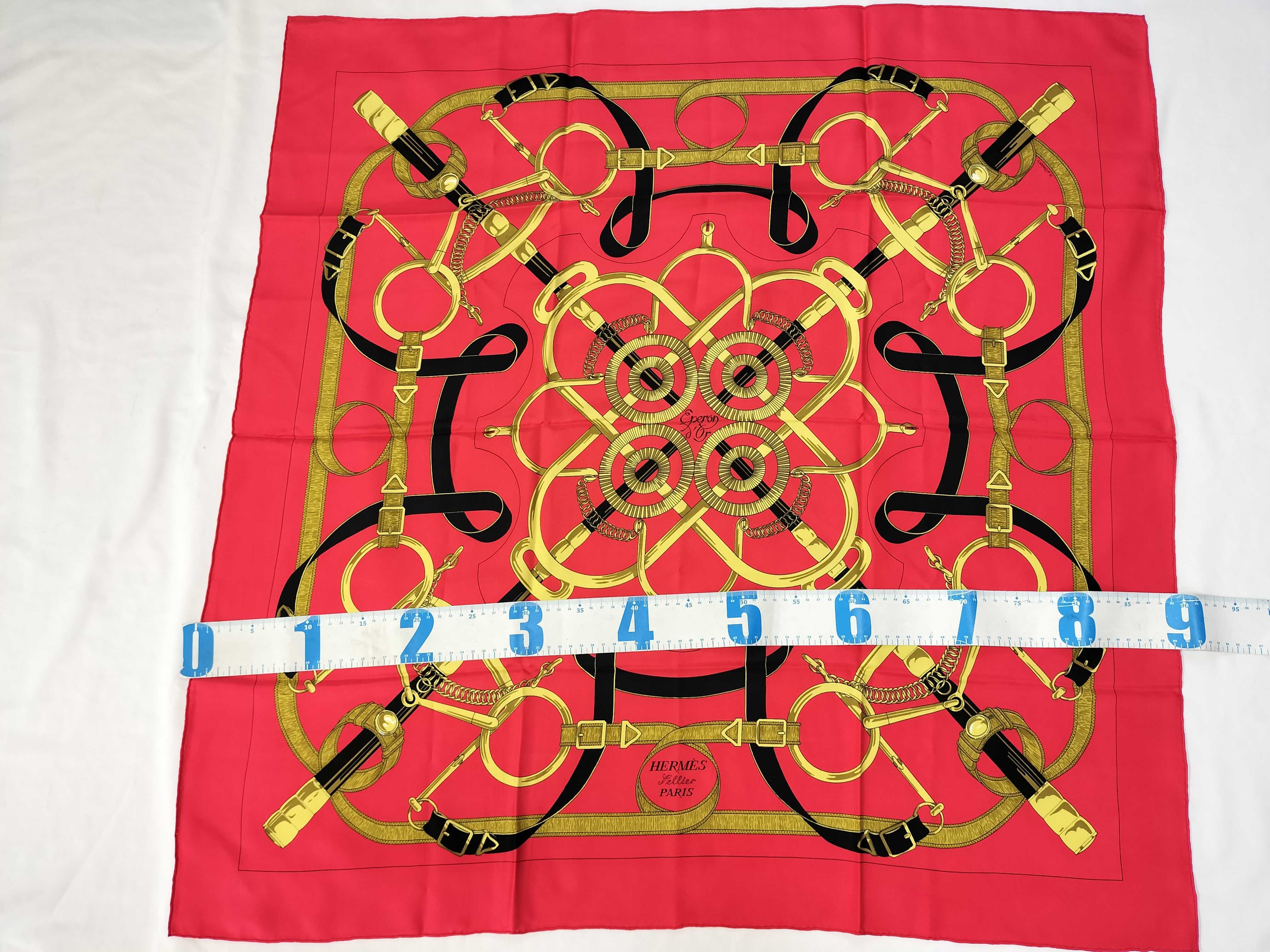 Hermes Eperon d'Or 90cm Silk Scarf in Red and Gold