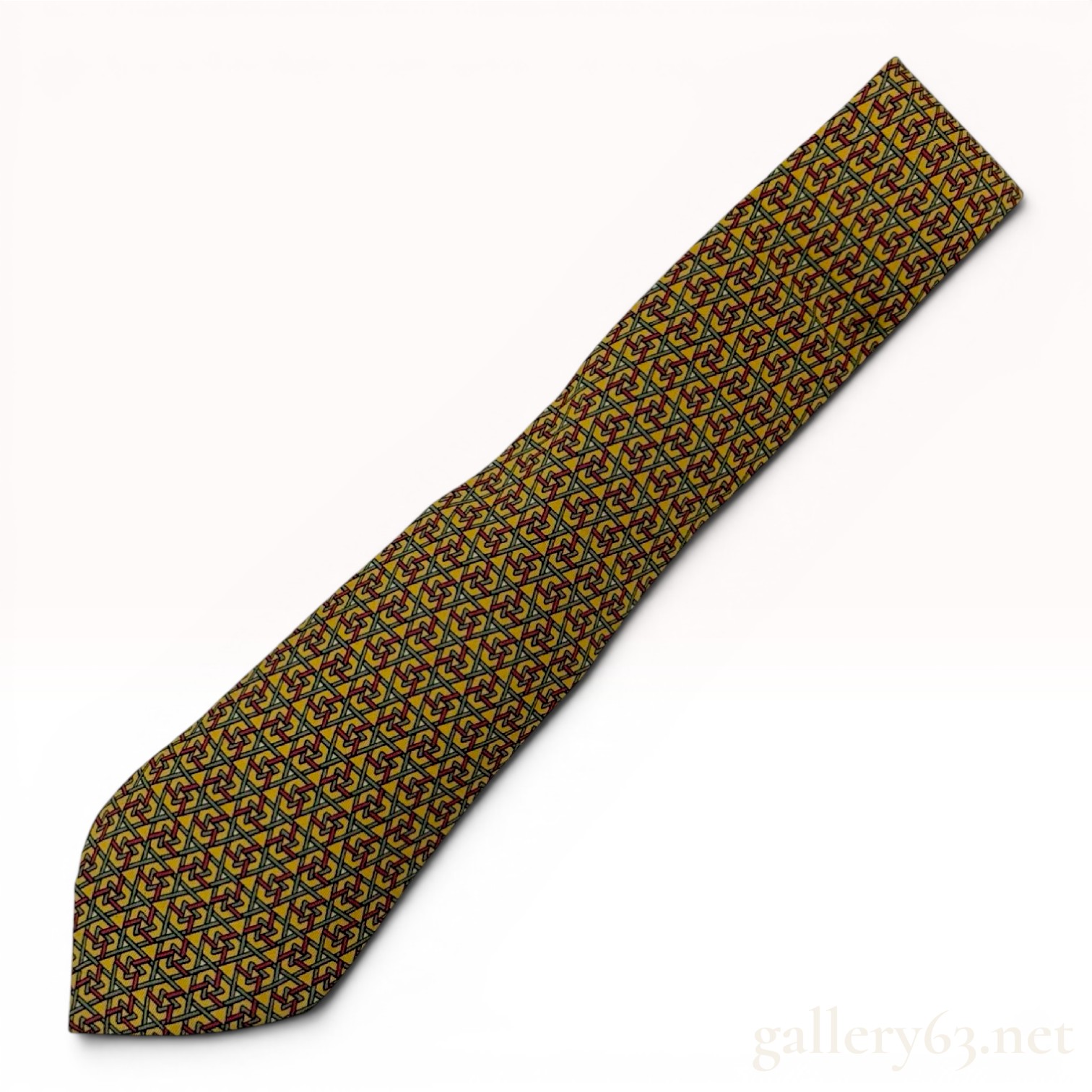 Hermes Men's Silk Necktie Featuring a Yellow and Green Geometric Trellis Pattern