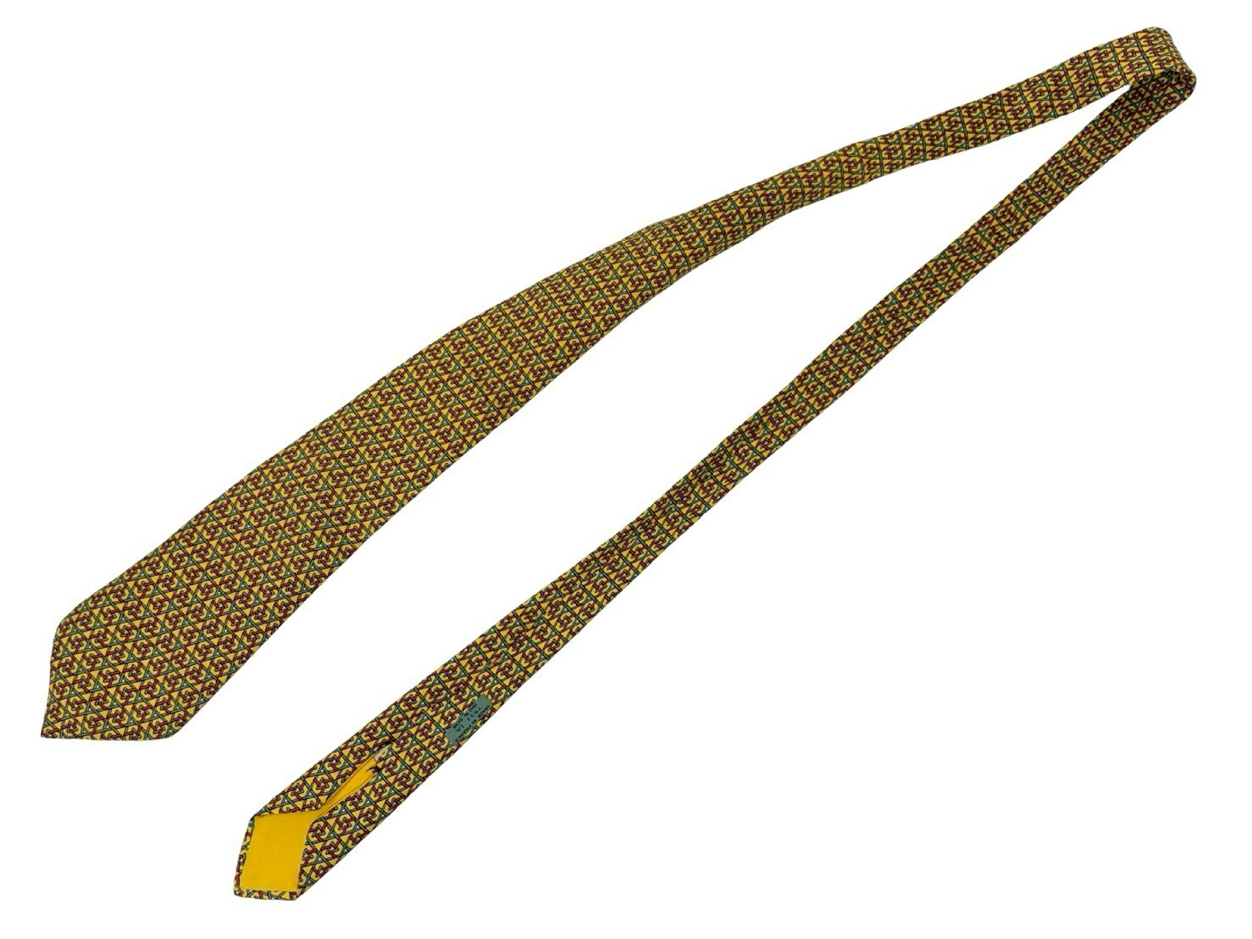 Hermes Men's Silk Necktie Featuring a Yellow and Green Geometric Trellis Pattern