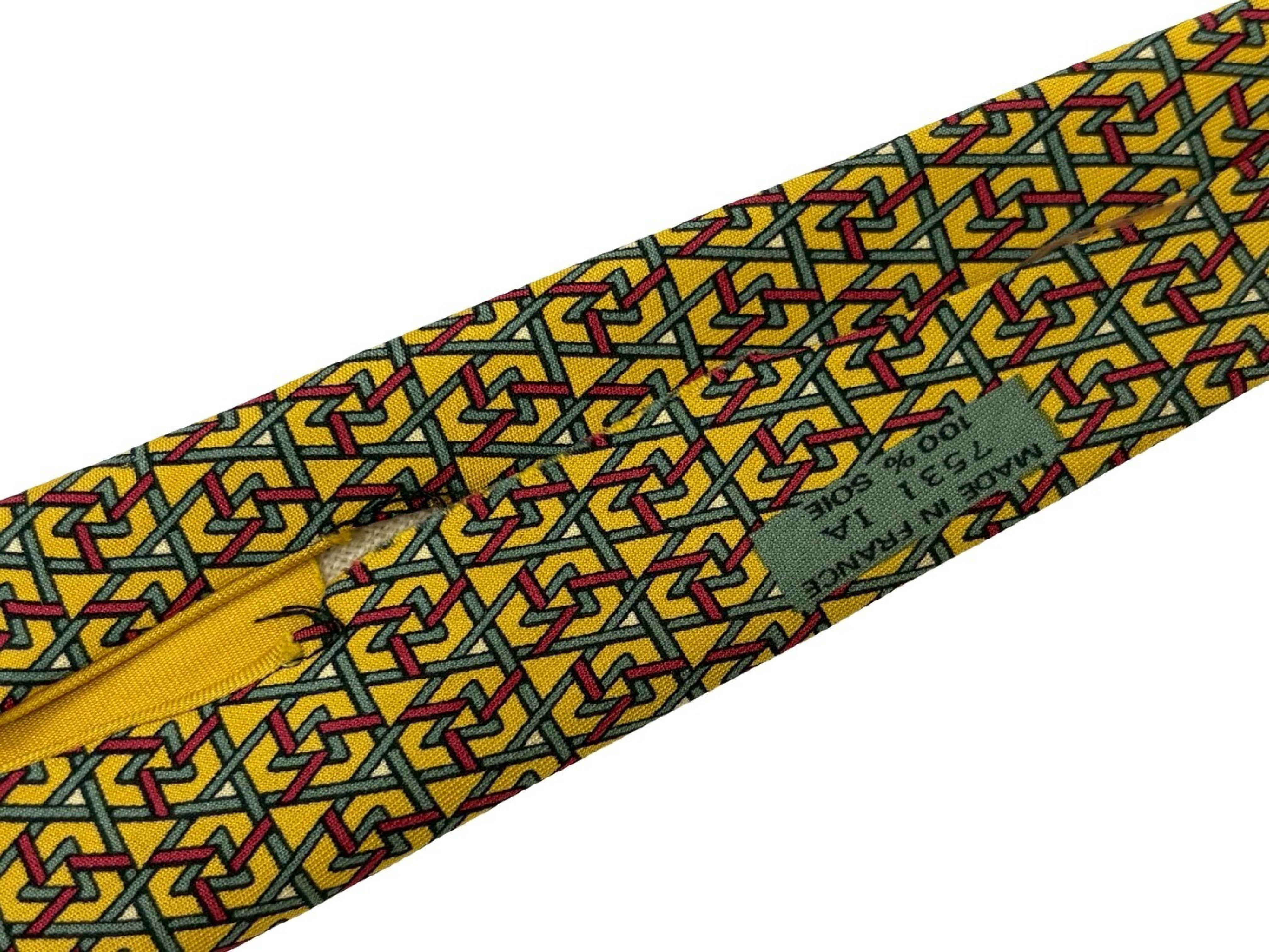 Hermes Men's Silk Necktie Featuring a Yellow and Green Geometric Trellis Pattern