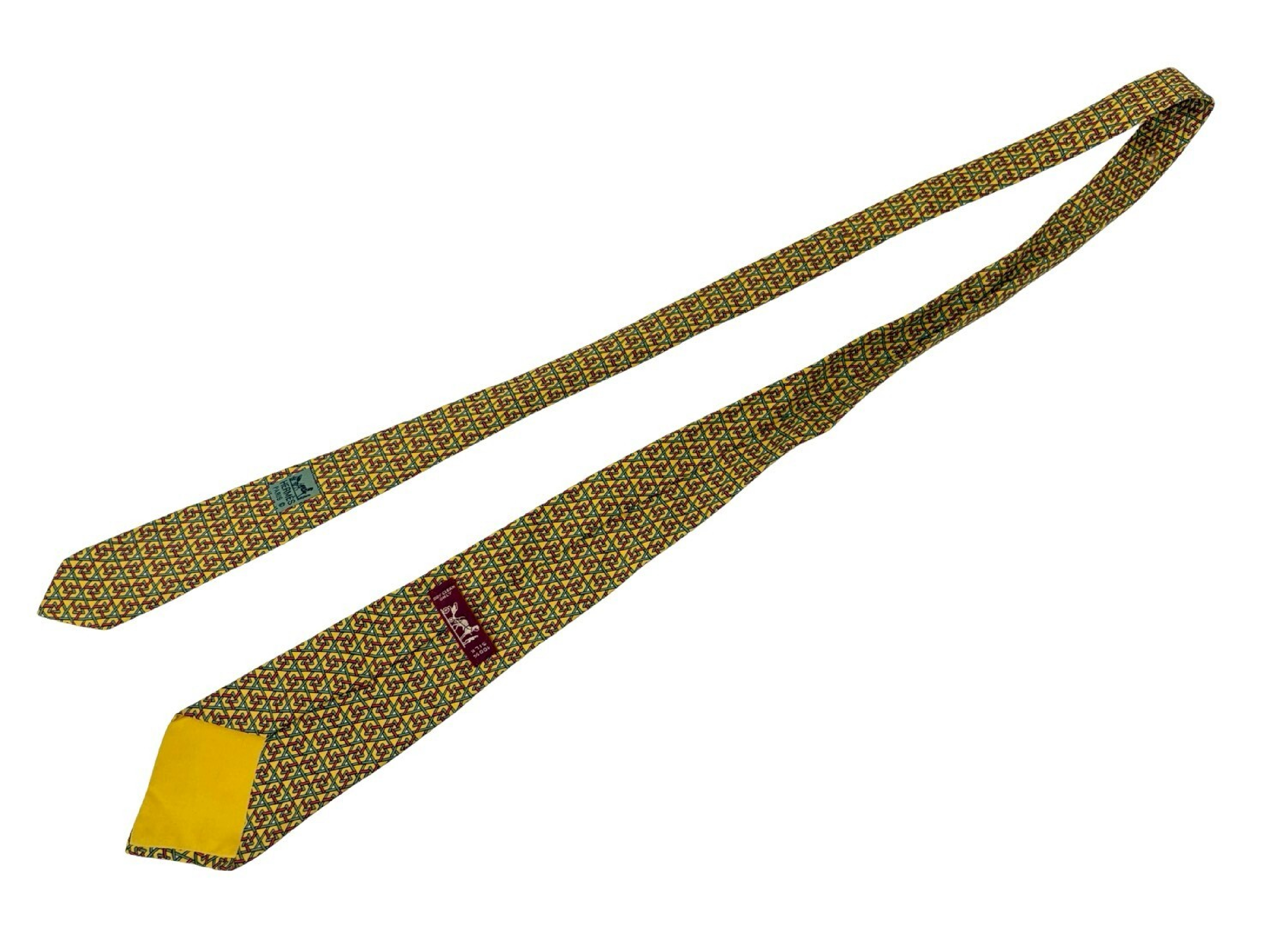 Hermes Men's Silk Necktie Featuring a Yellow and Green Geometric Trellis Pattern
