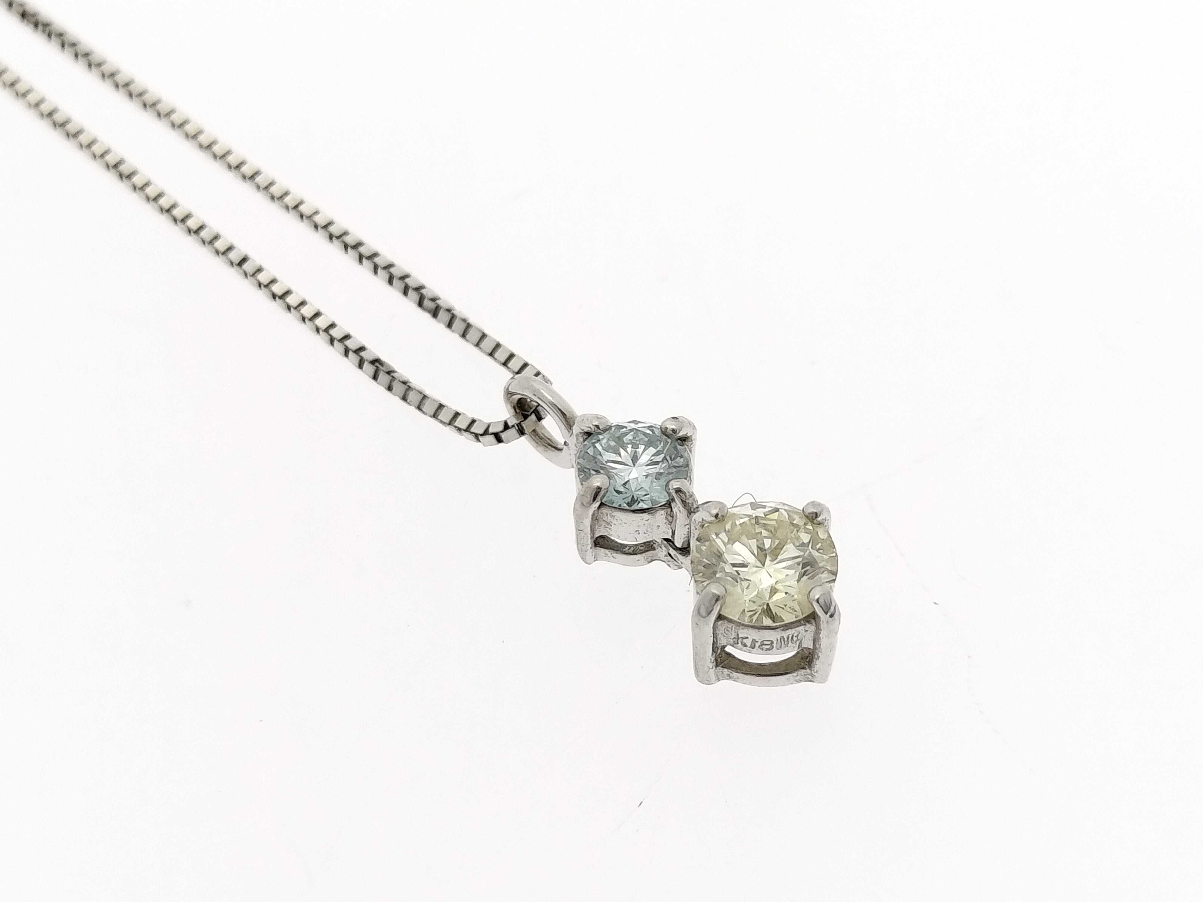 18K White Gold Two-Stone Blue and Yellow Diamond Pendant Necklace