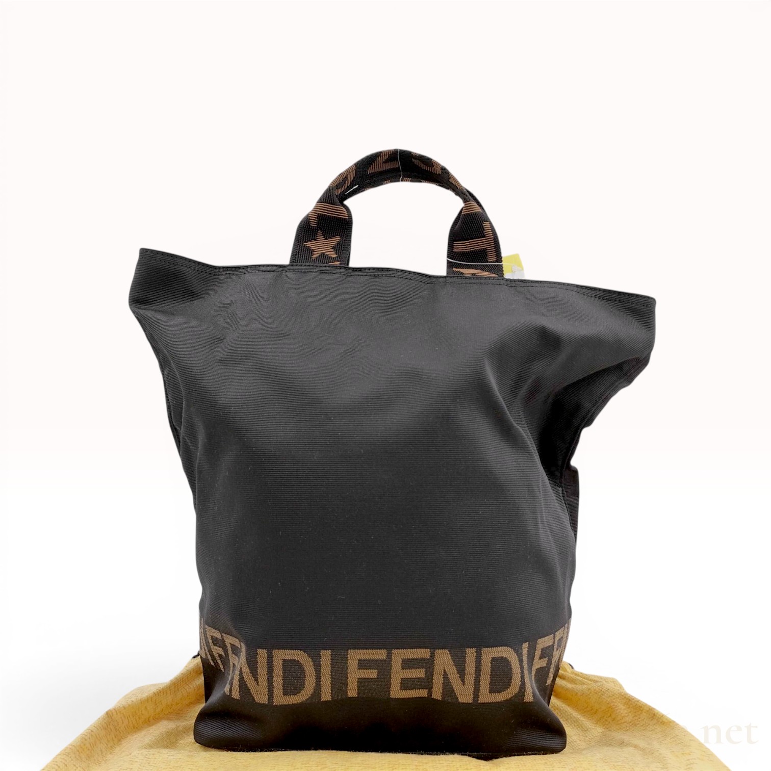 Fendi Black Ribbed Nylon Shopper Tote Bag with Logo Webbing