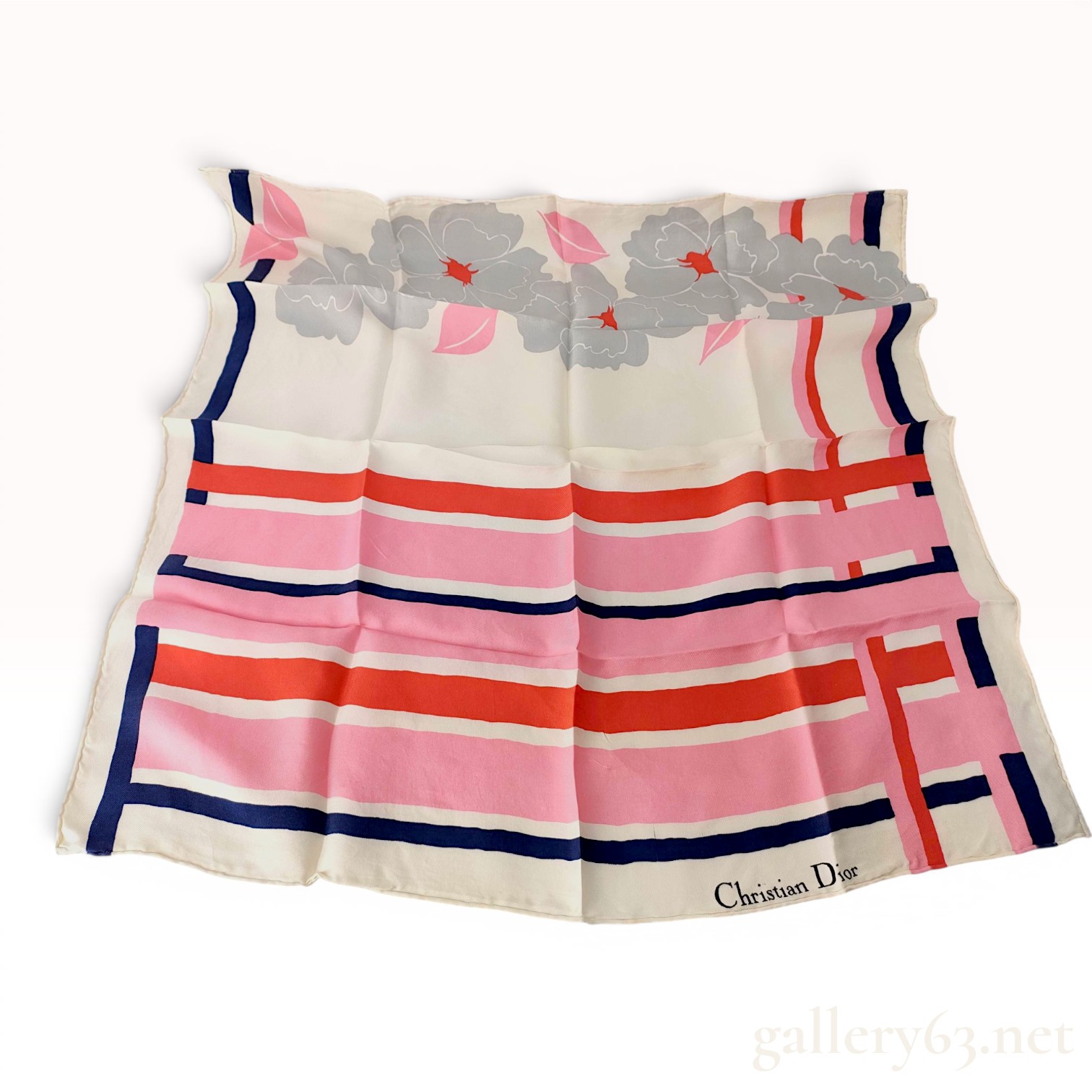 Christian Dior Floral and Geometric Stripe Silk Scarf