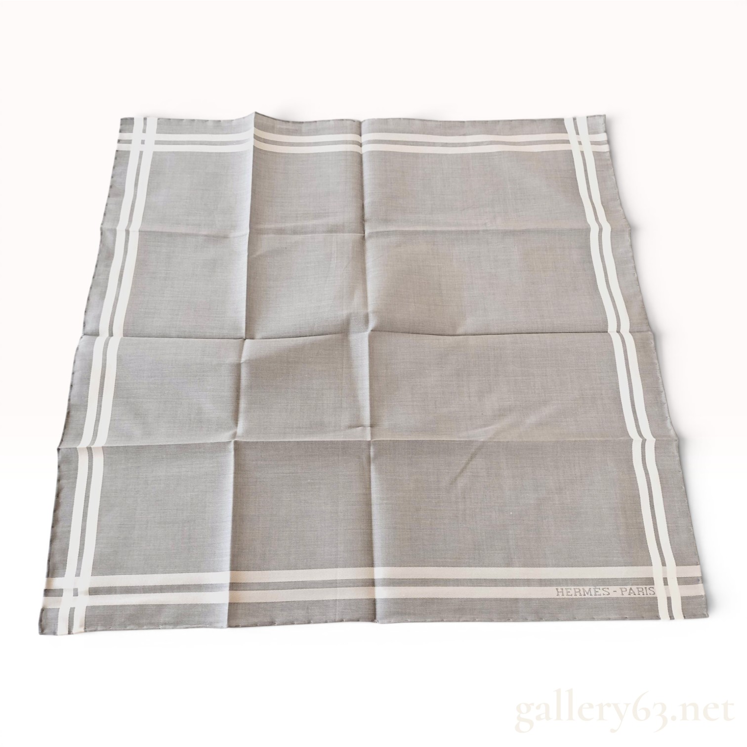 Hermes Grey and White Border Stripe Cotton Handkerchief