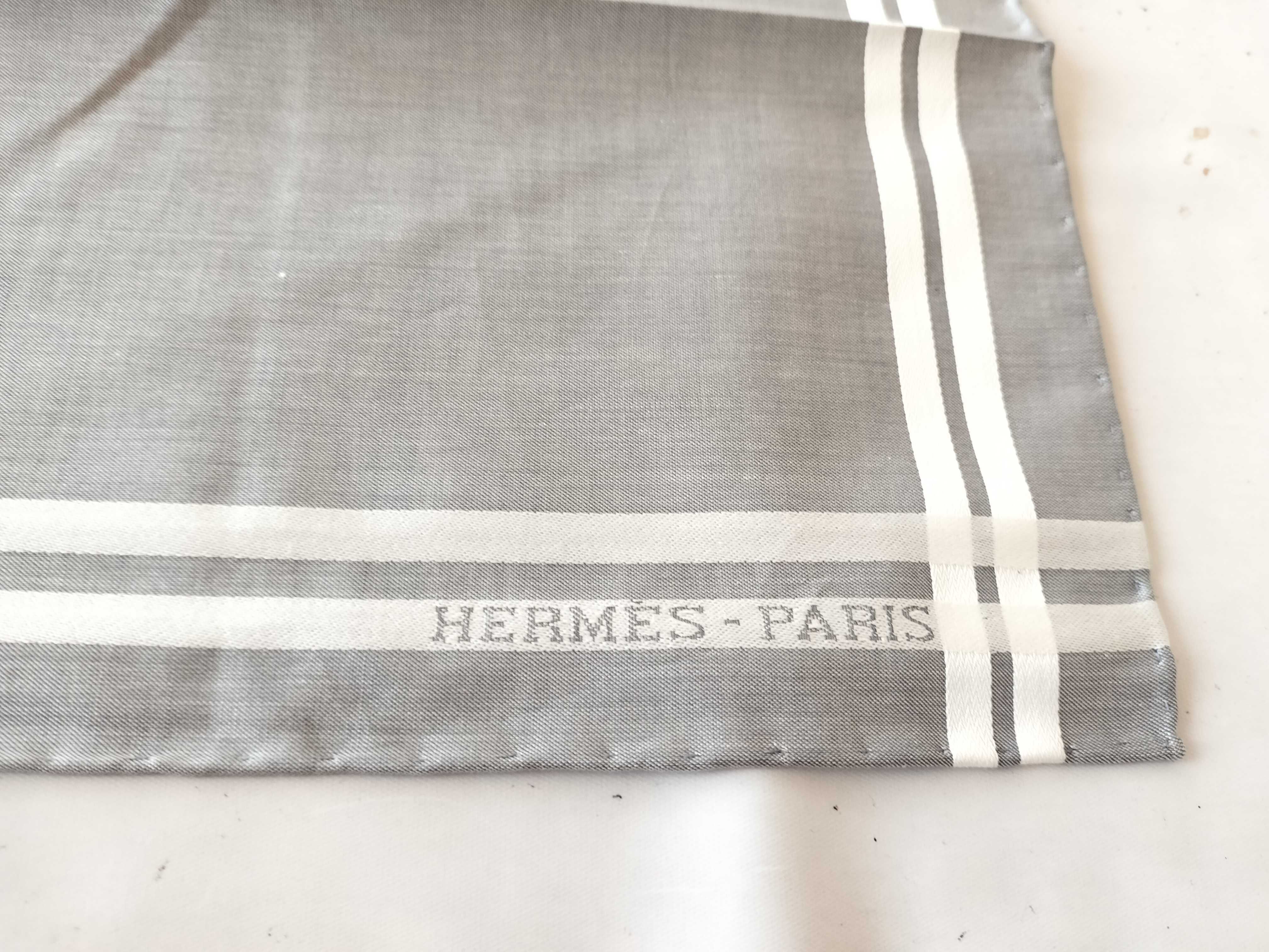 Hermes Grey and White Border Stripe Cotton Handkerchief
