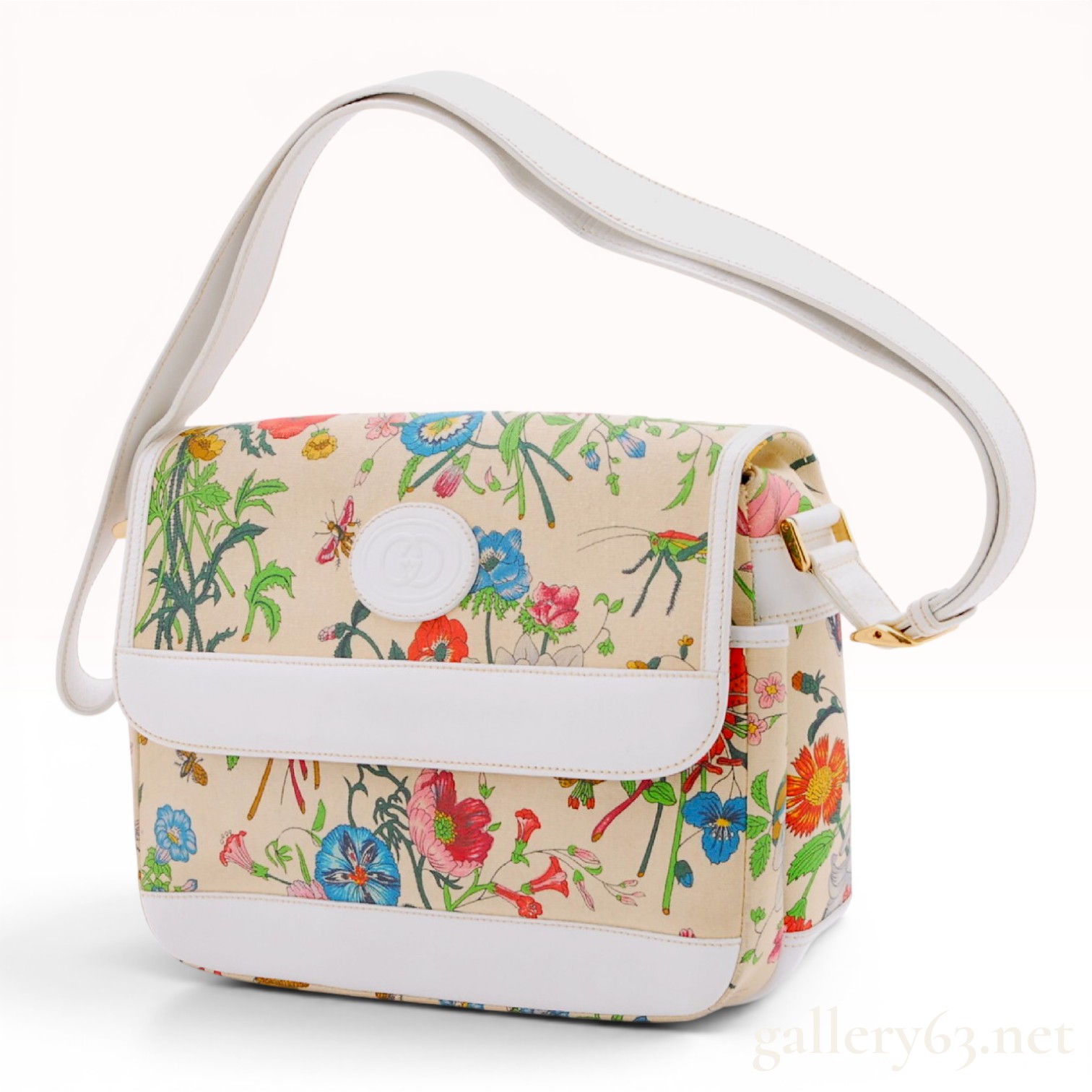 Vintage Gucci Flora Print Canvas and White Leather Shoulder Bag