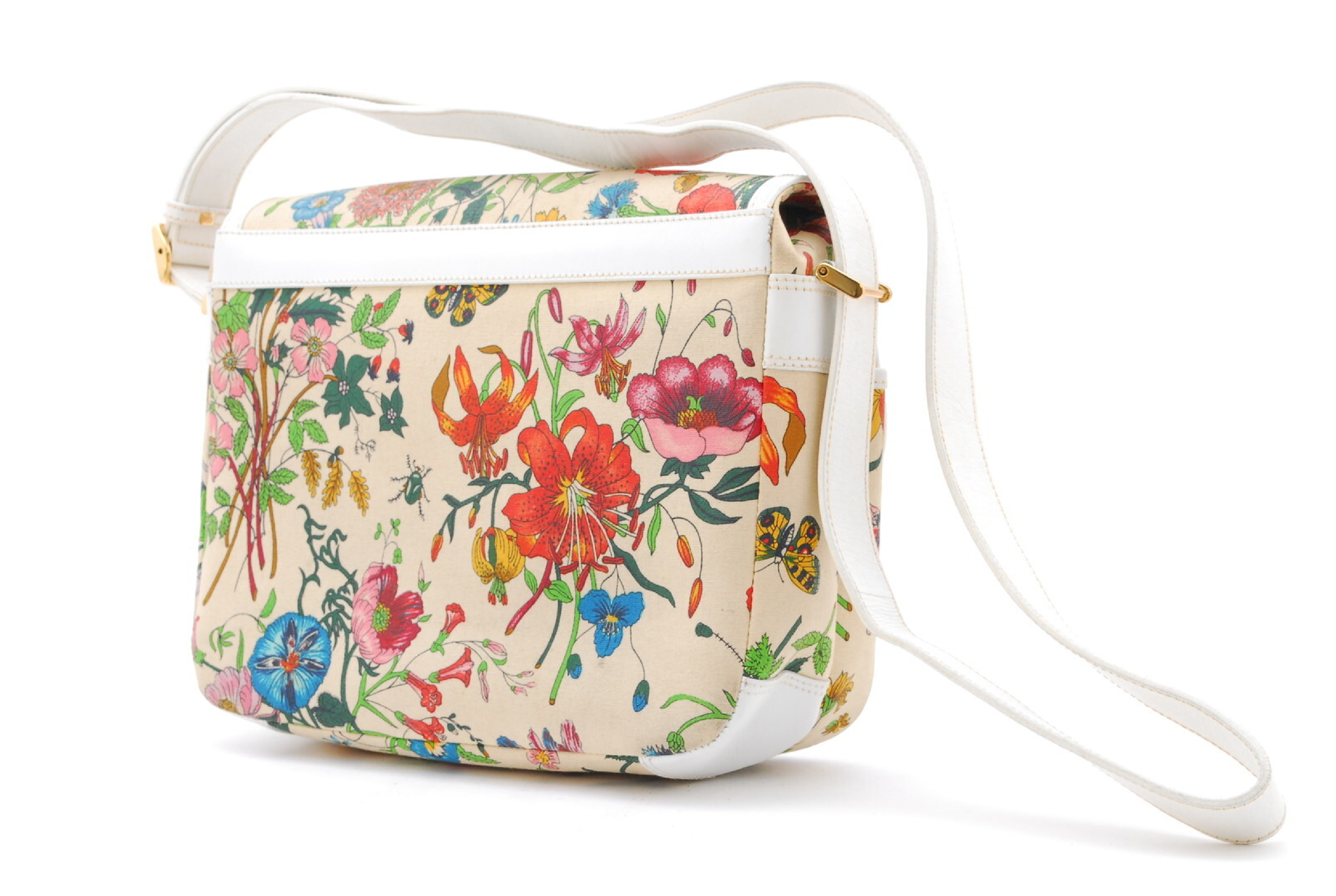 Vintage Gucci Flora Print Canvas and White Leather Shoulder Bag