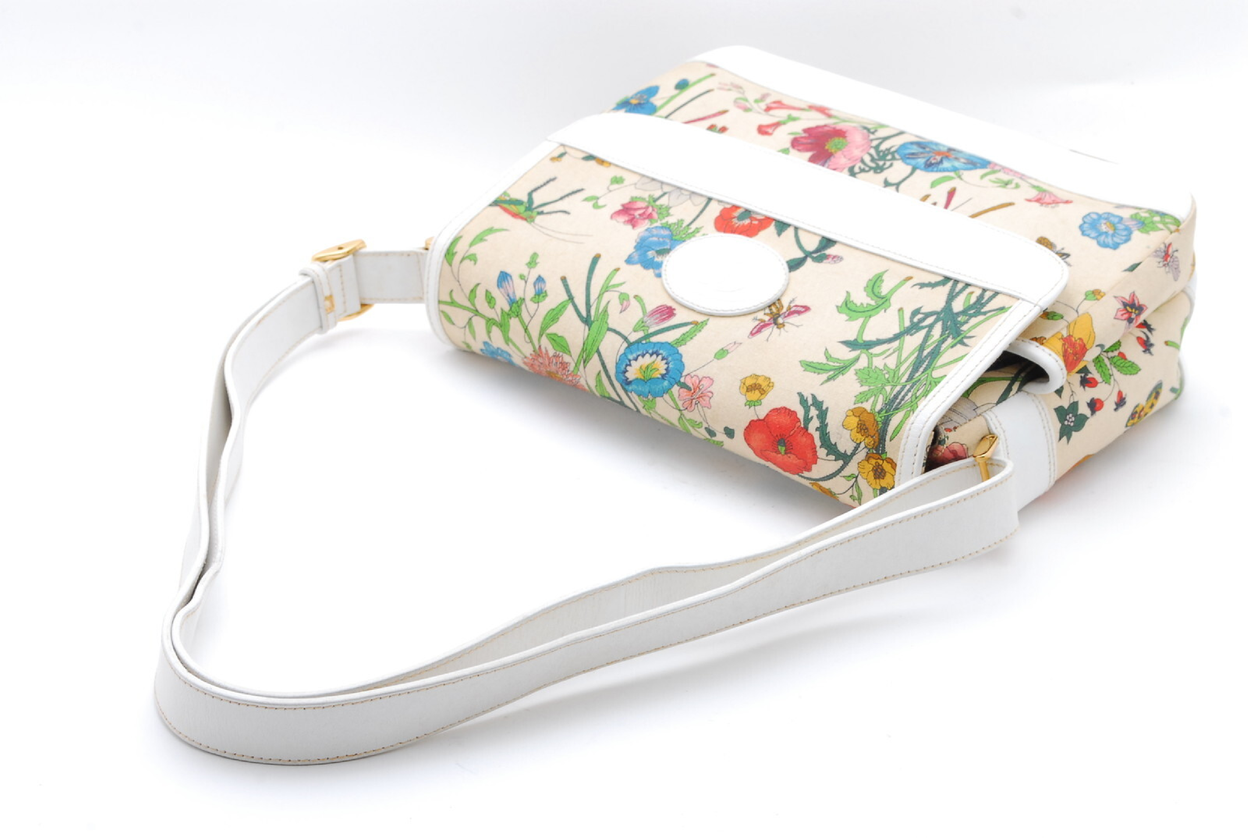 Vintage Gucci Flora Print Canvas and White Leather Shoulder Bag