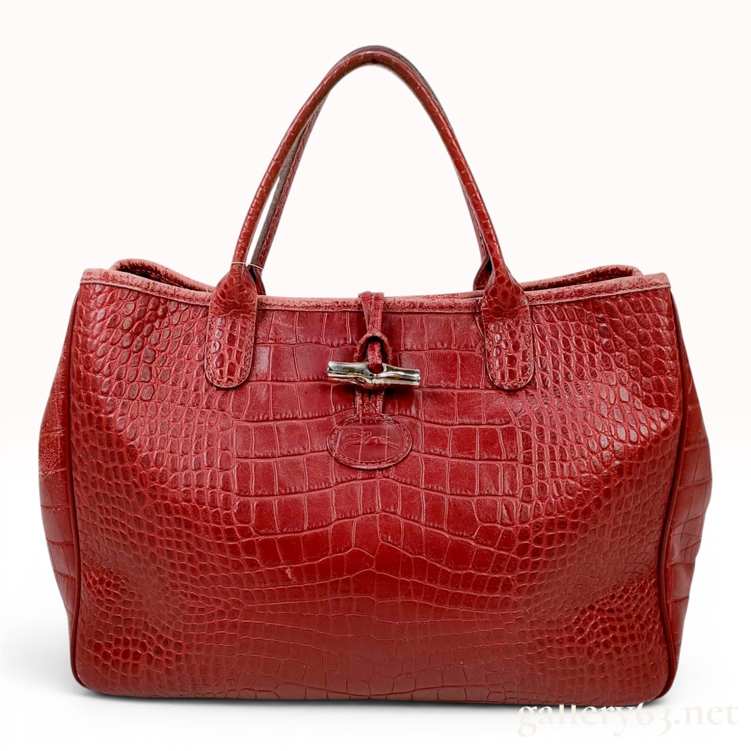 Longchamp Roseau Crocodile-Embossed Leather Tote in Red