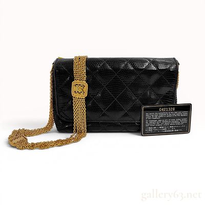 Chanel Vintage Black Quilted Lizard Skin Flap Bag with Multi-Strand Gold-Tone Chain, 0 Series 