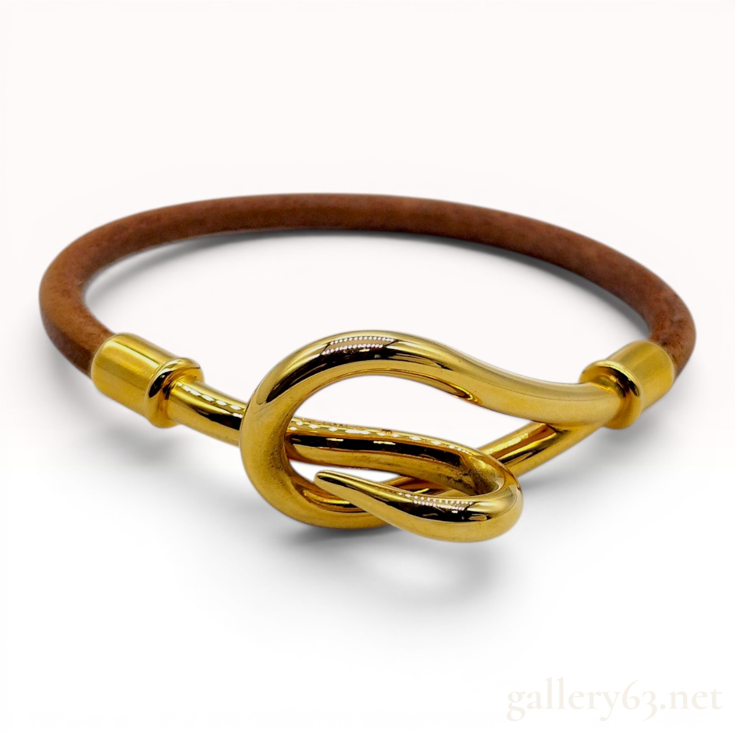 Hermes Jumbo Gold-Tone and Brown Leather Hook Bracelet