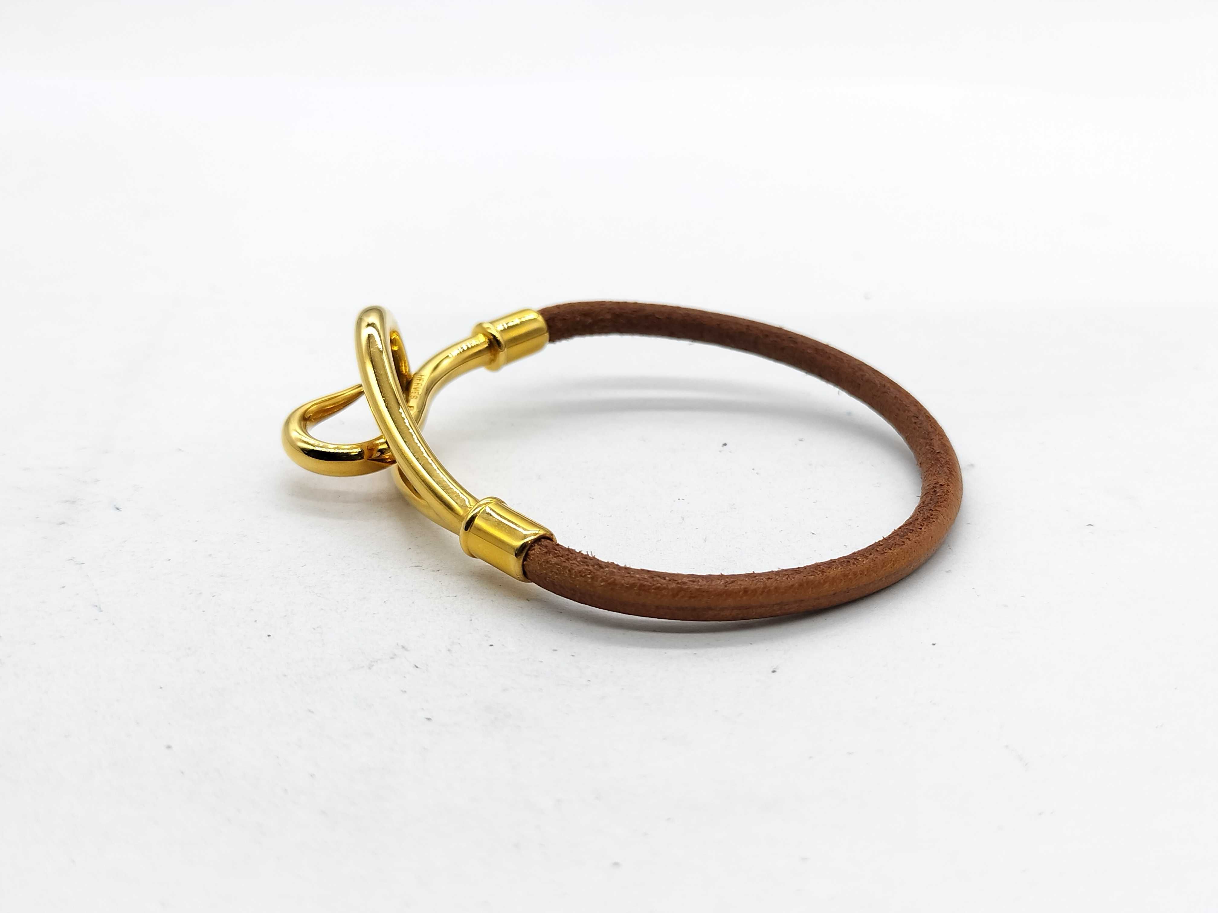 Hermes Jumbo Gold-Tone and Brown Leather Hook Bracelet